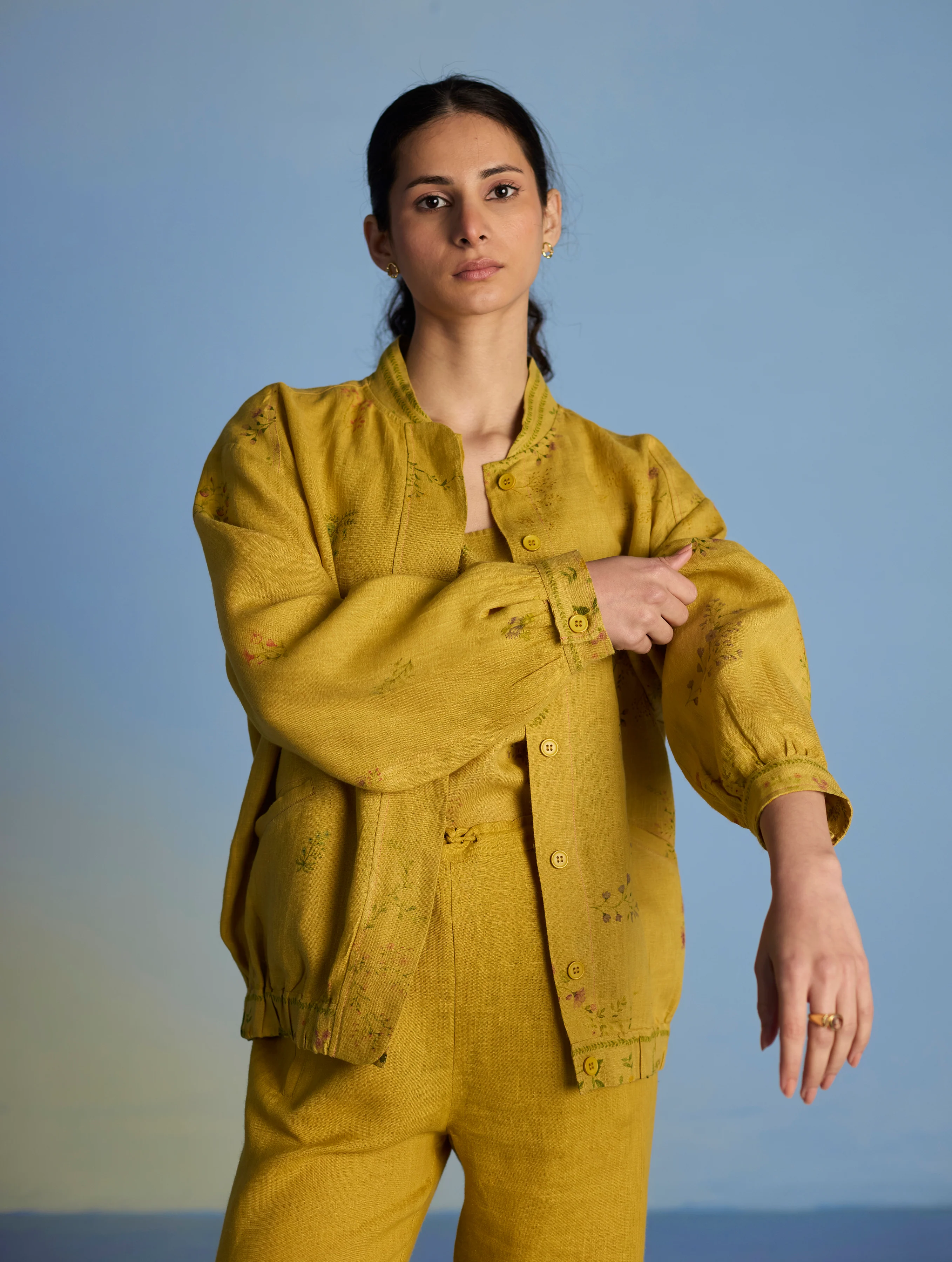 Kayu Floral Printed Bomber Jacket - Ochre - Image 10