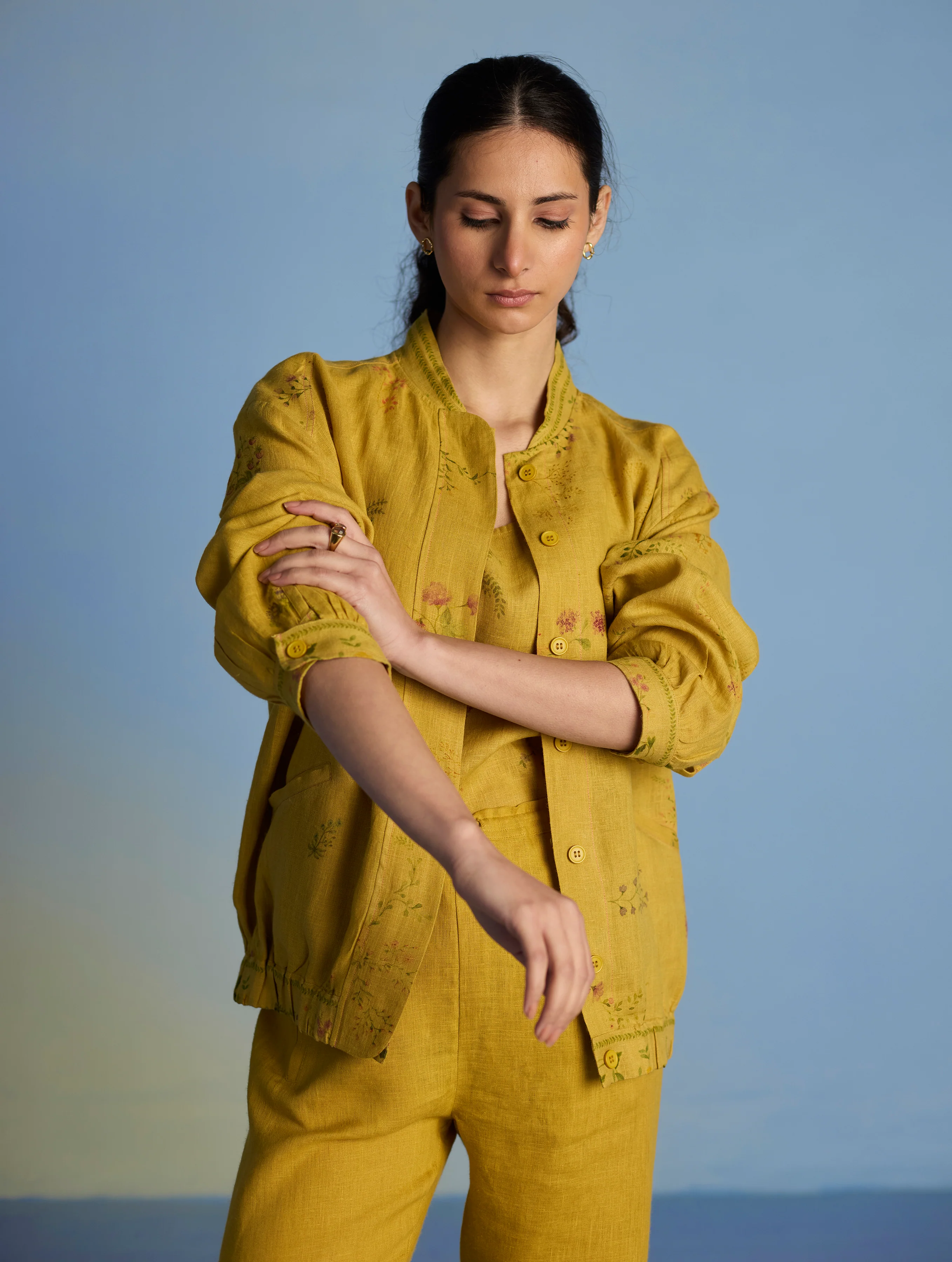 Kayu Floral Printed Bomber Jacket - Ochre - Image 11