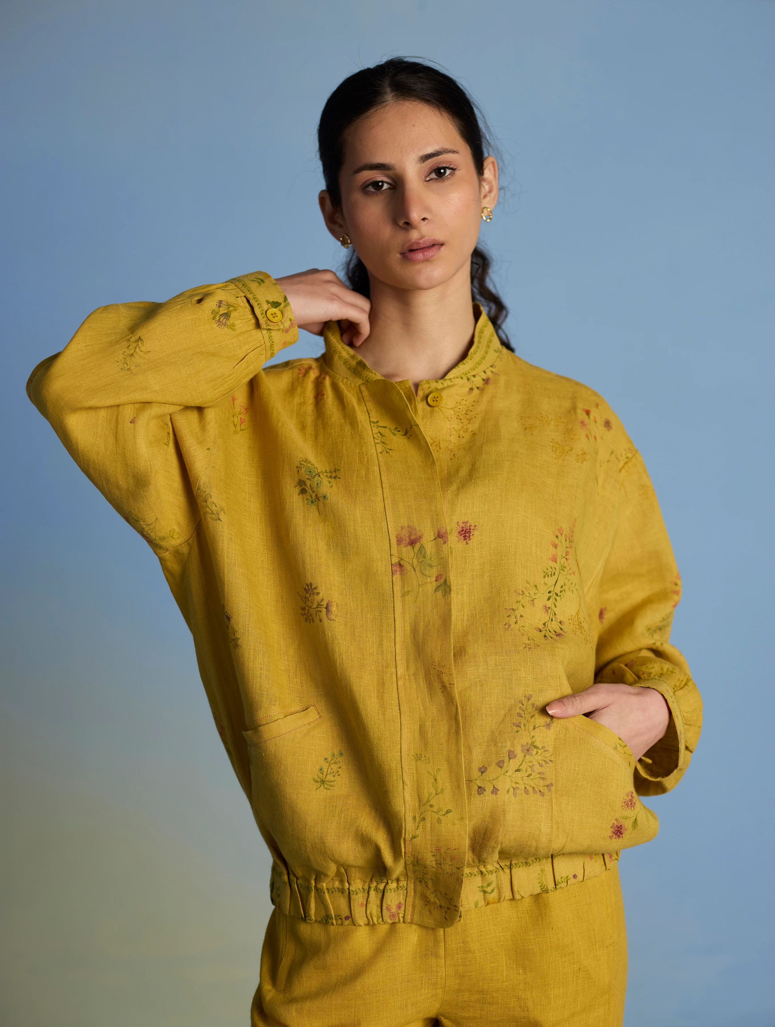 Kayu Floral Printed Bomber Jacket - Ochre - Image 2