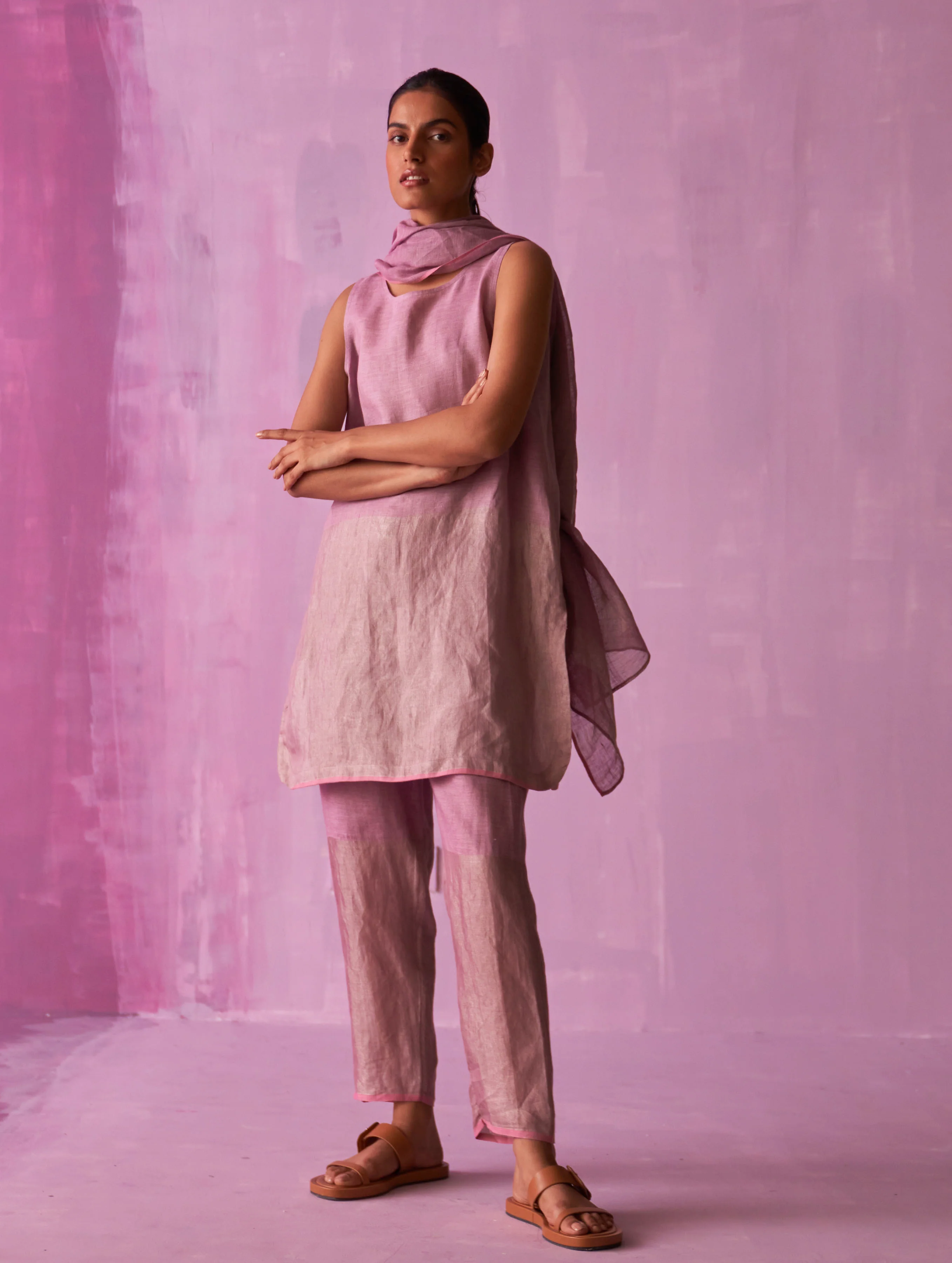 Keri Sleeveless Linen Kurta Set - Lavender - Image 2