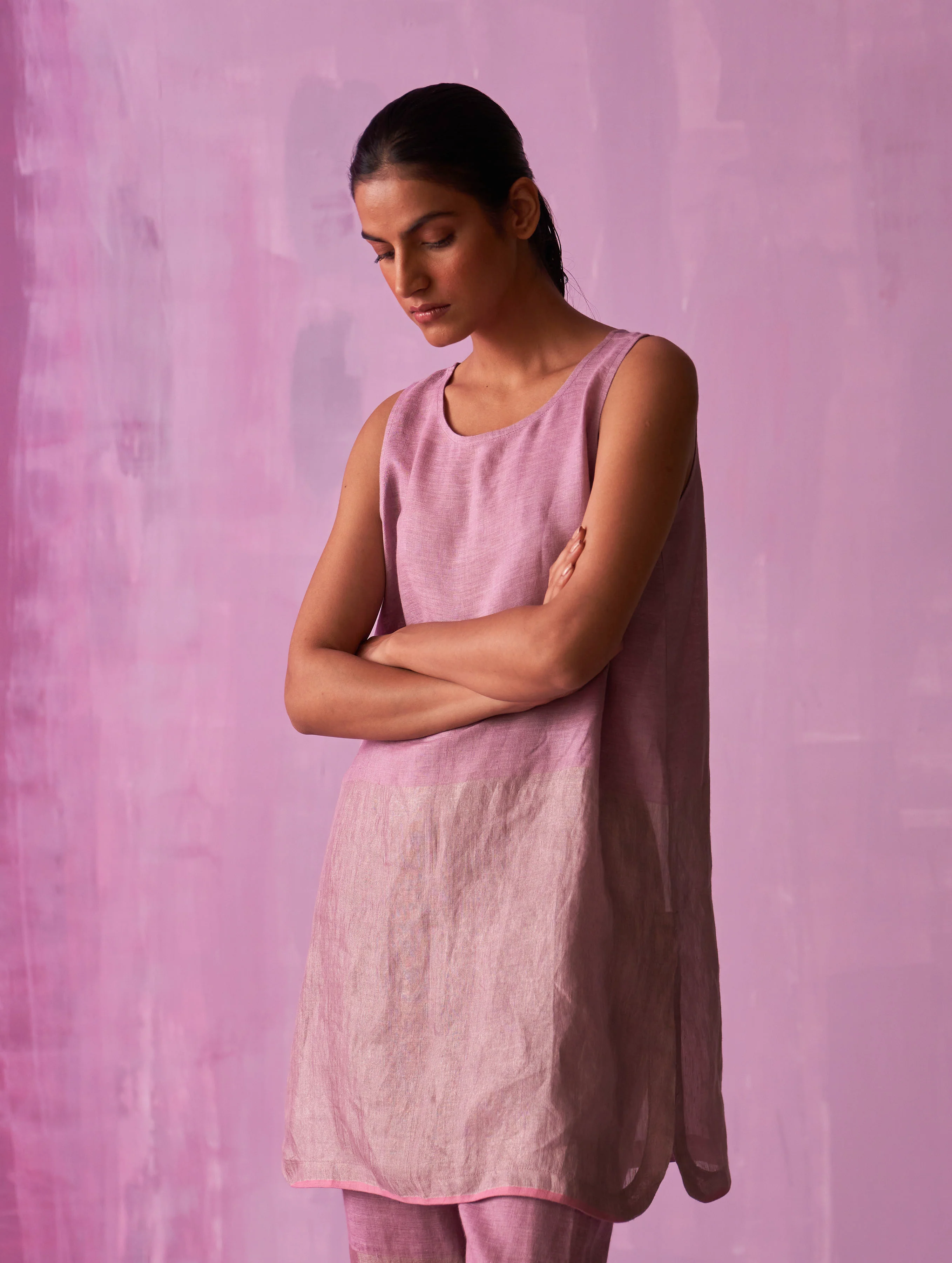 Keri Sleeveless Linen Kurta Set - Lavender - Image 3