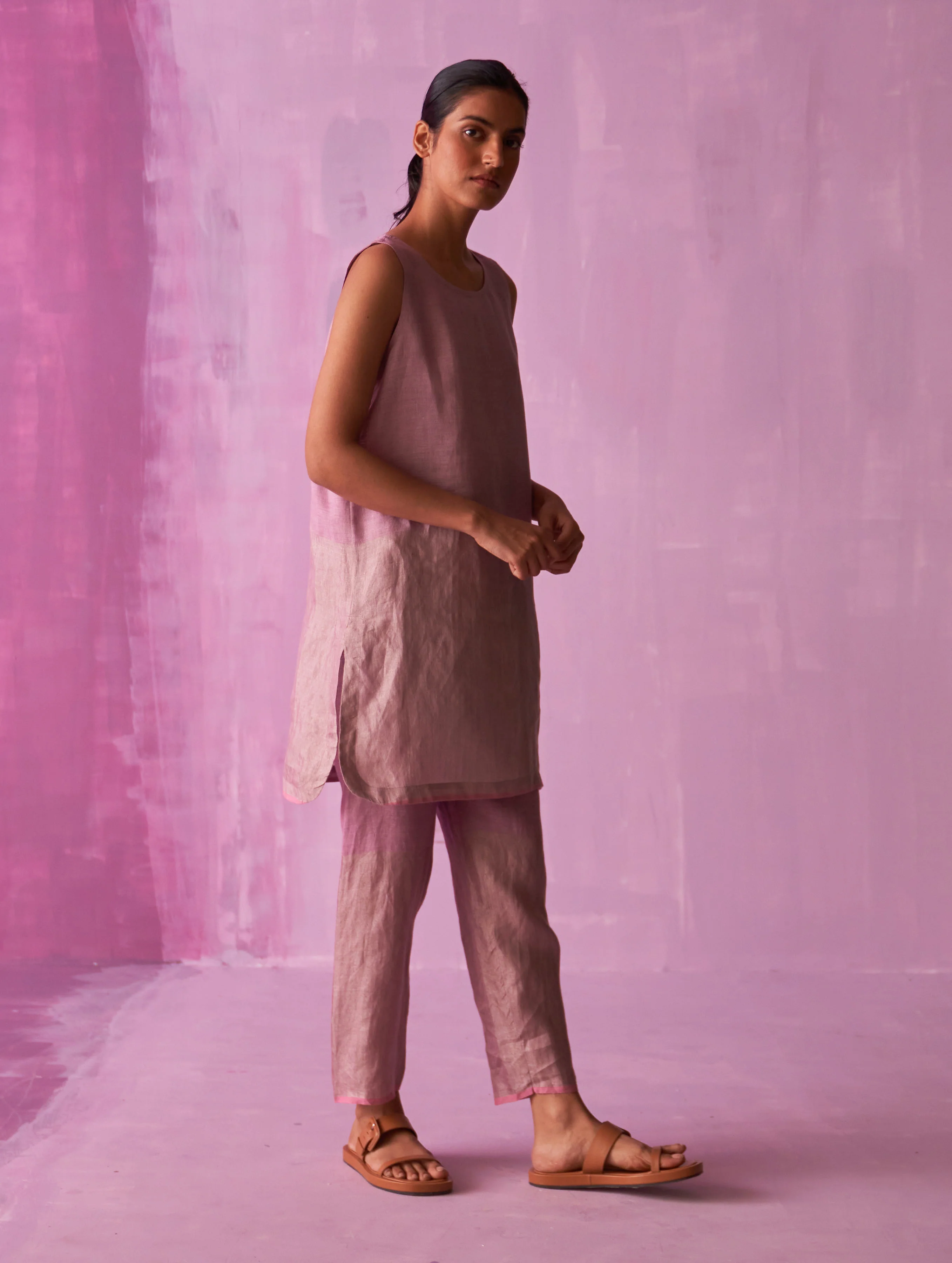Keri Sleeveless Linen Kurta Set - Lavender - Image 7