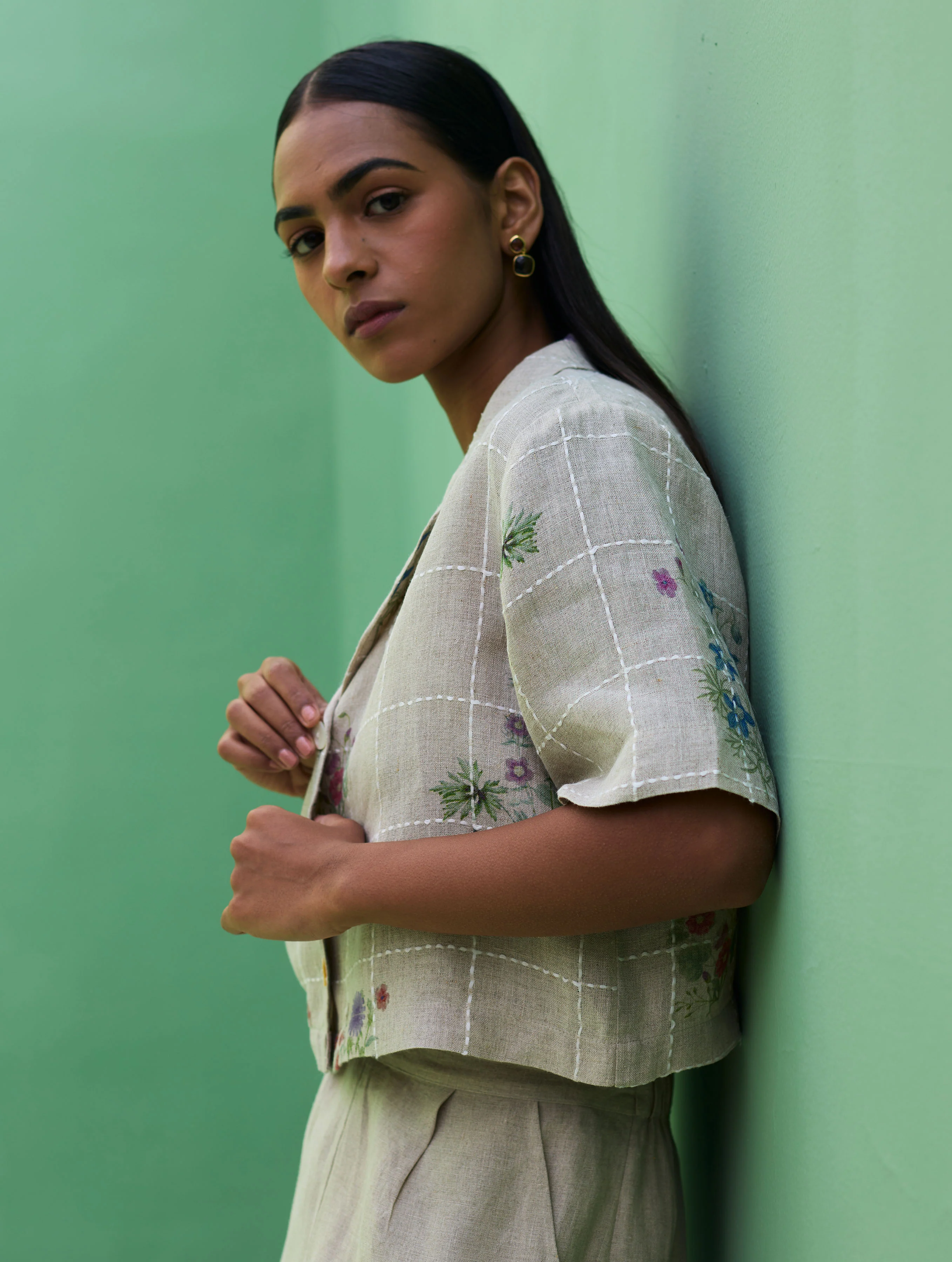 Kiera Cuban Collar Botanical Linen Shirt - Natural - Image 9