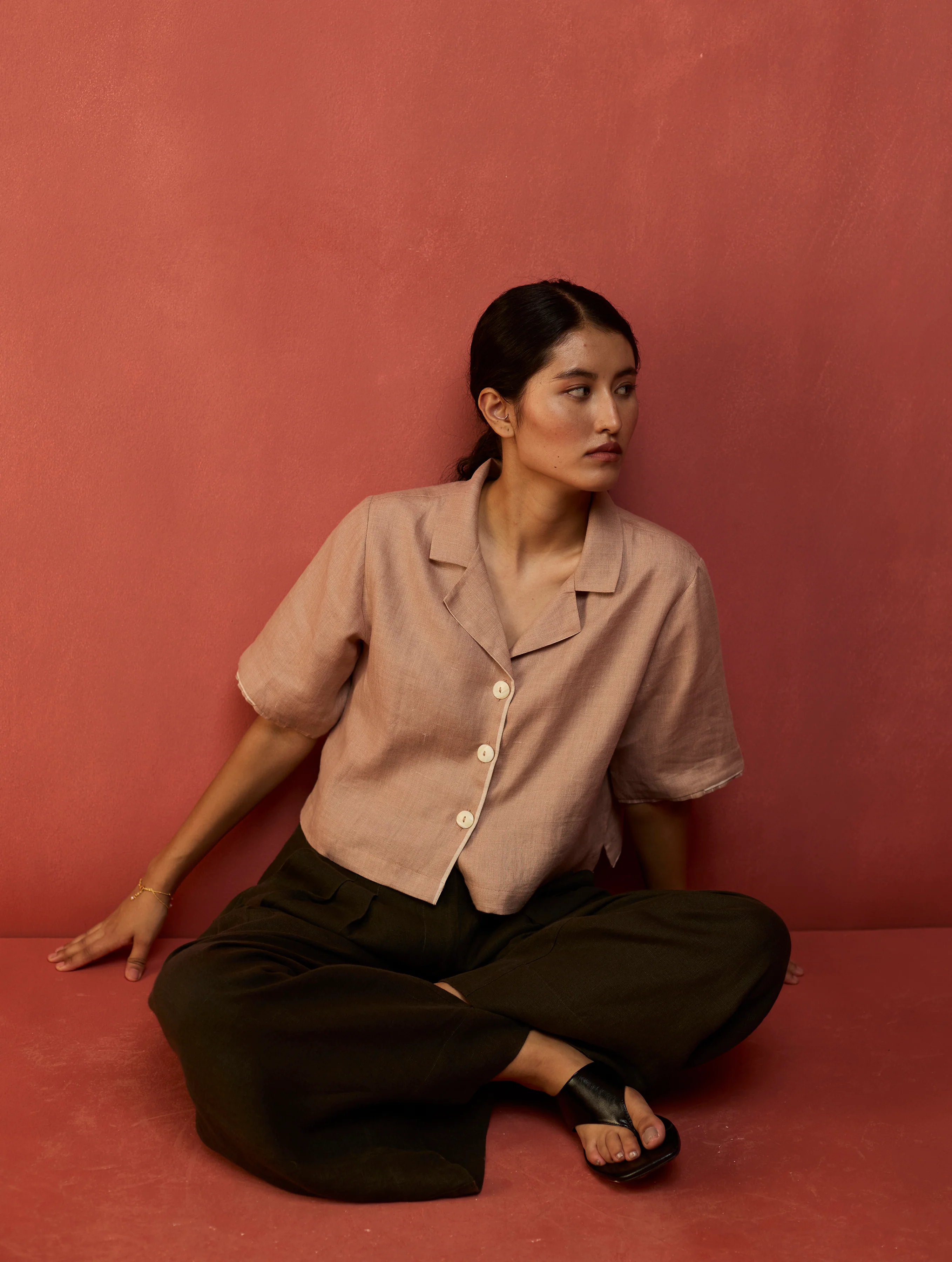 Kiera Cuban Collar Linen Co-ord Set - Dusty Rose - Image 3
