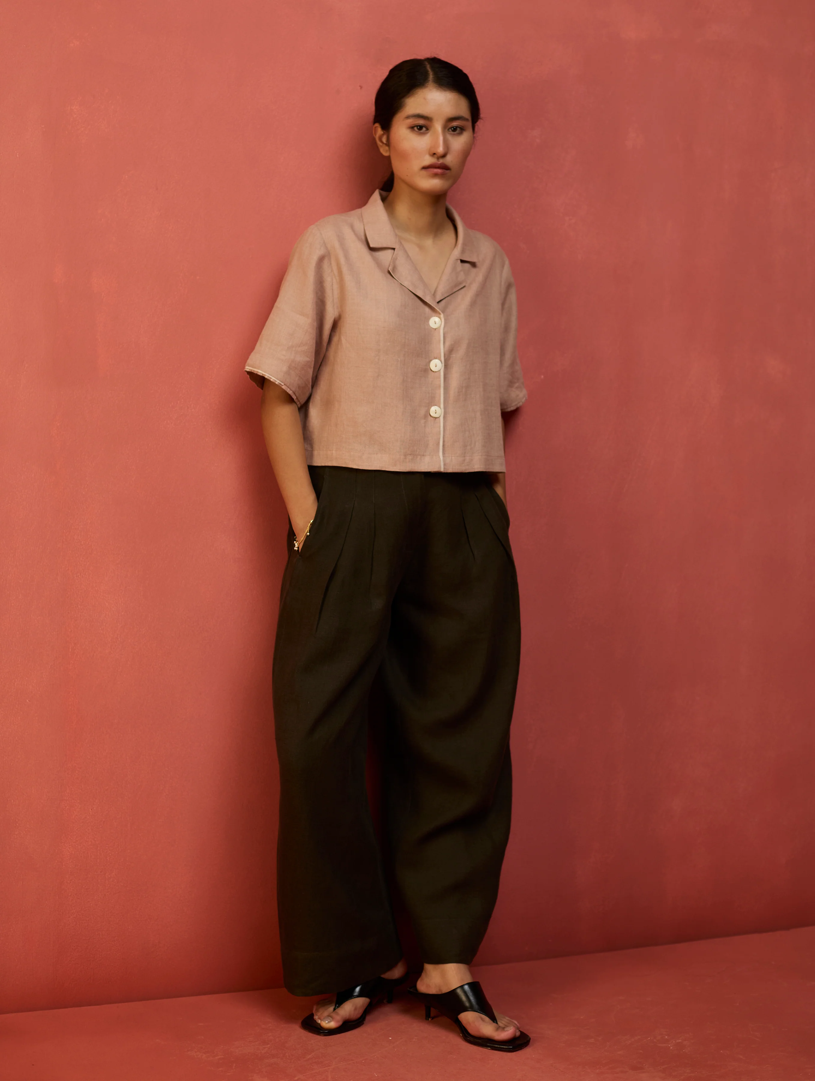 Kiera Cuban Collar Linen Co-ord Set - Dusty Rose - Image 7
