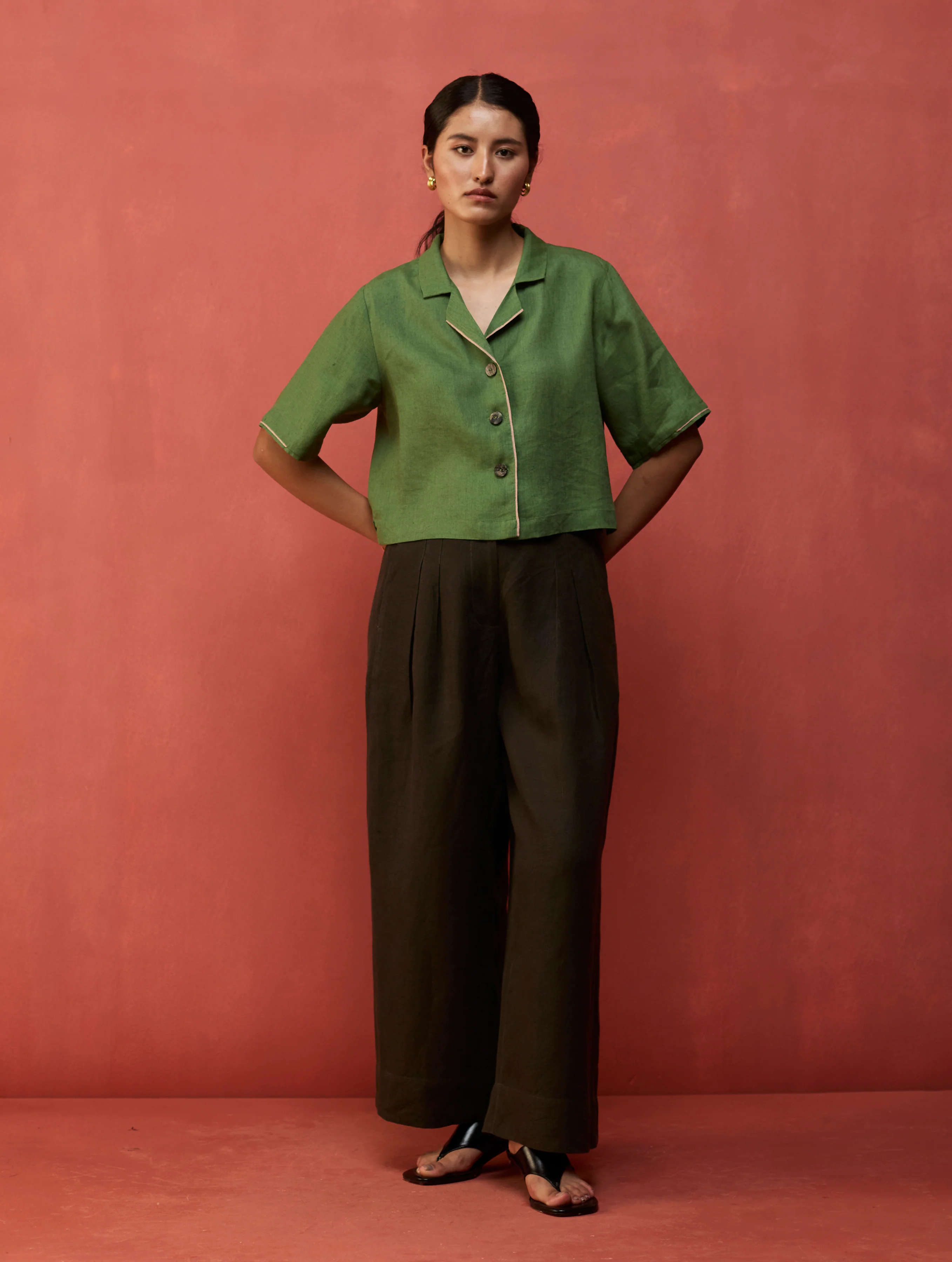 Kiera Cuban Collar Linen Co-ord Set - Fern Green - Image 3