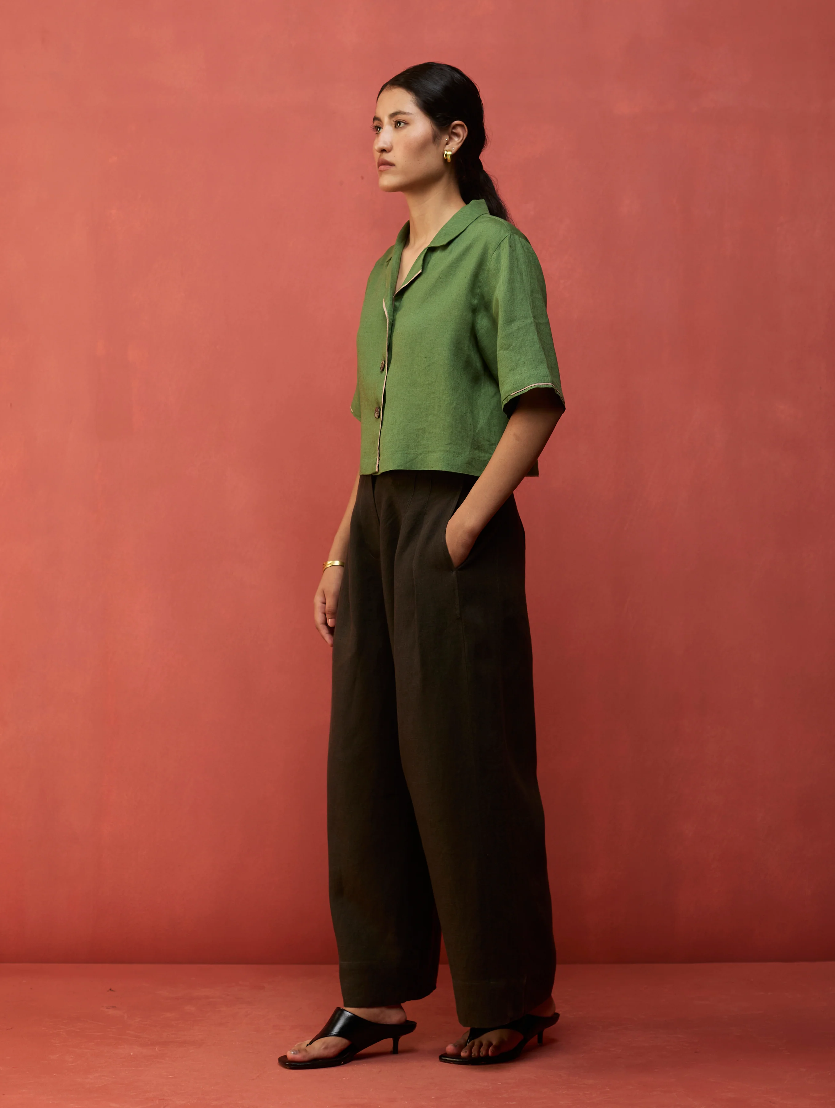 Kiera Cuban Collar Linen Co-ord Set - Fern Green - Image 4
