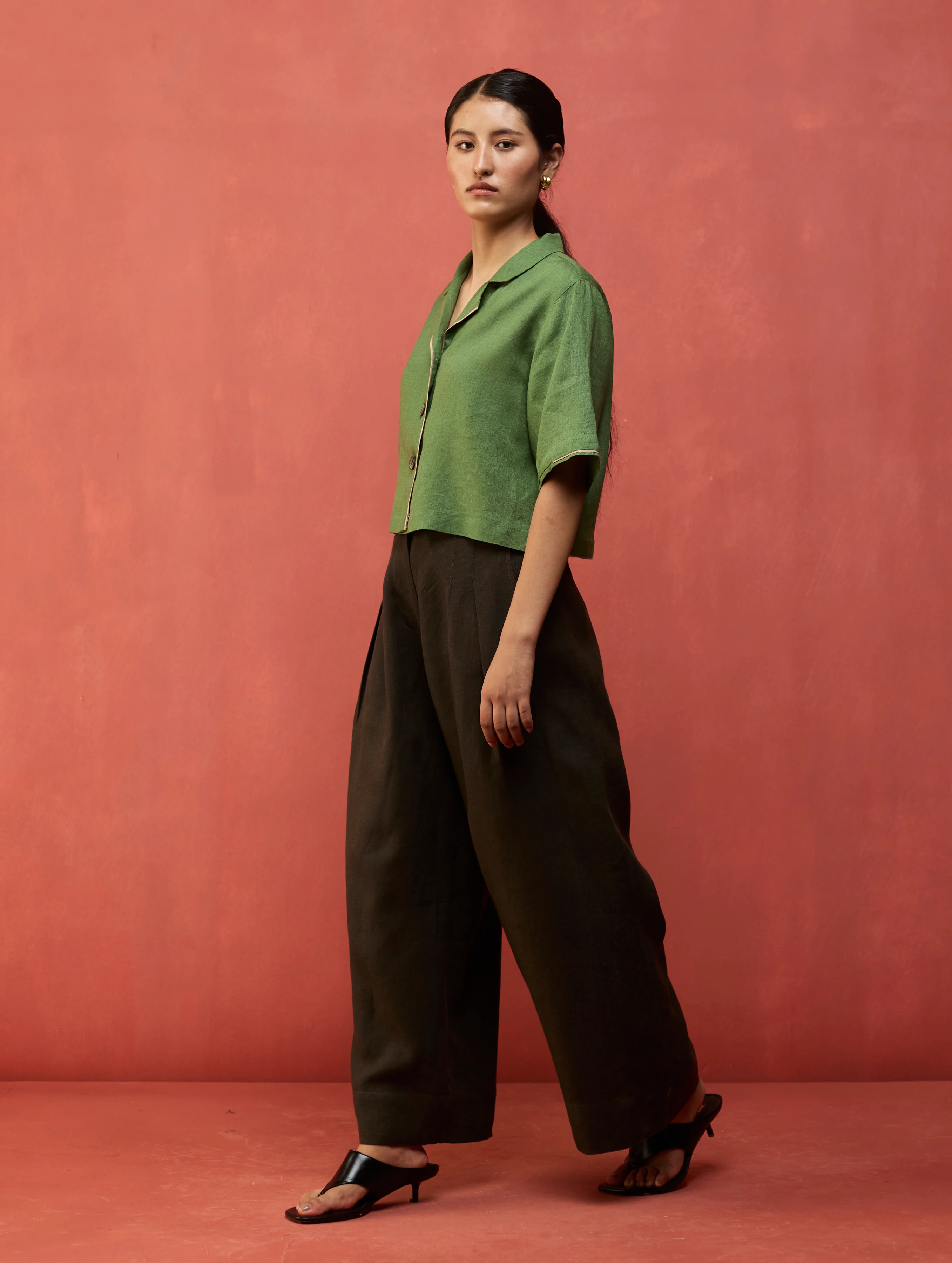 Kiera Cuban Collar Linen Co-ord Set - Fern Green - Image 6