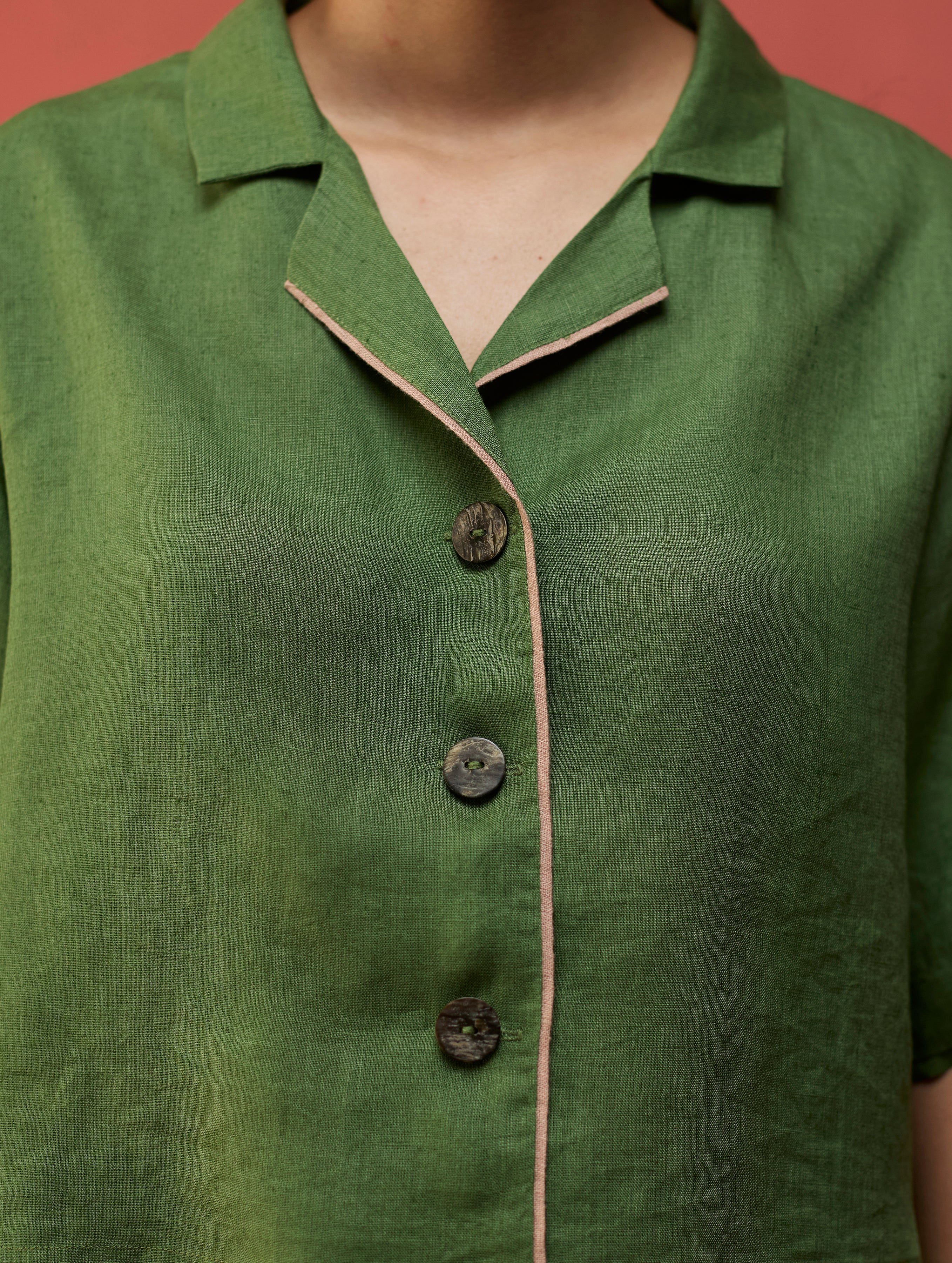 Kiera Cuban Collar Linen Shirt - Fern Green - Image 7