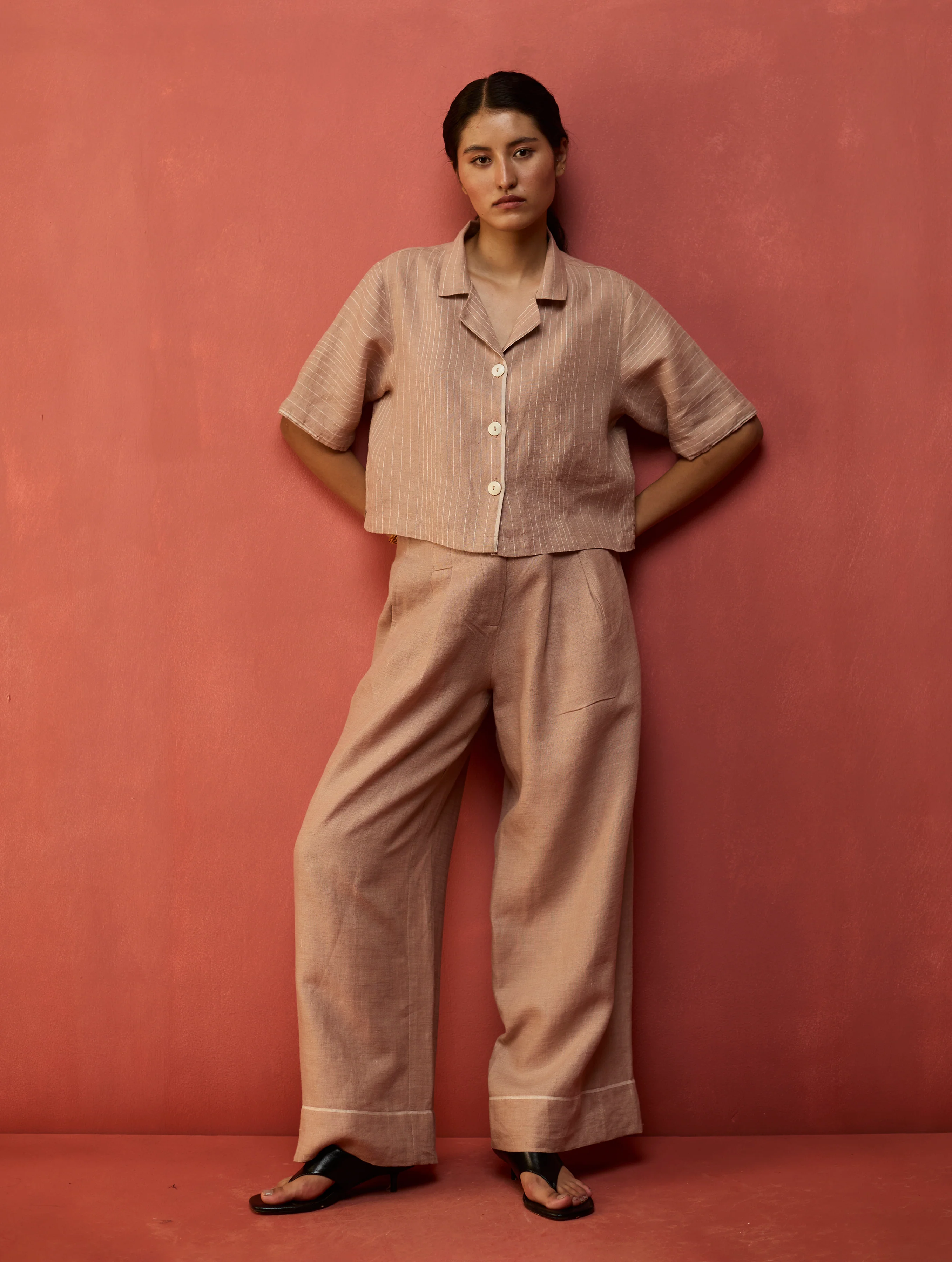 Kiera Cuban Collar Stripe Linen Co-ord Set - Dusty Rose