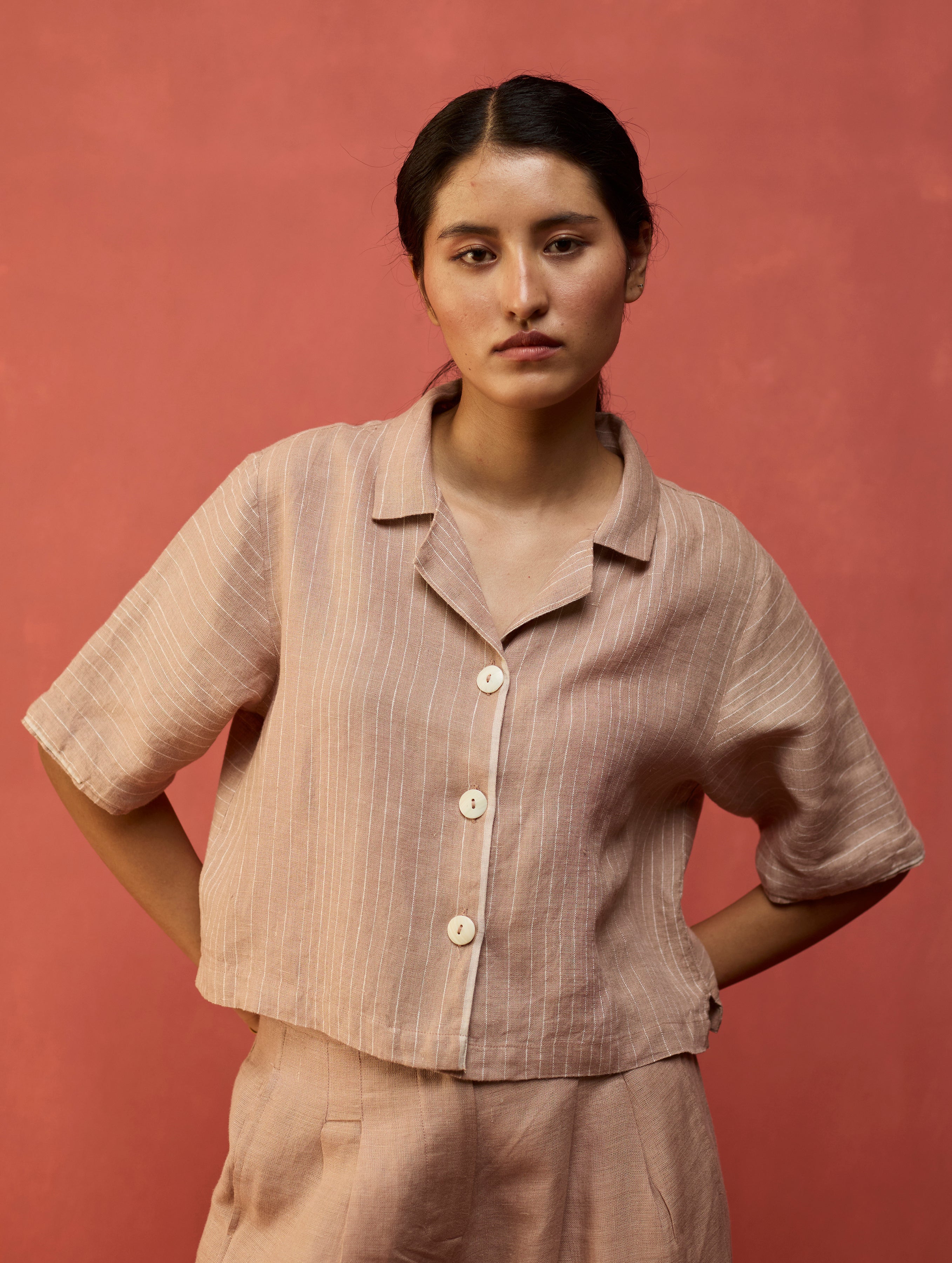 Kiera Cuban Collar Stripe Linen Co-ord Set - Dusty Rose - Image 2