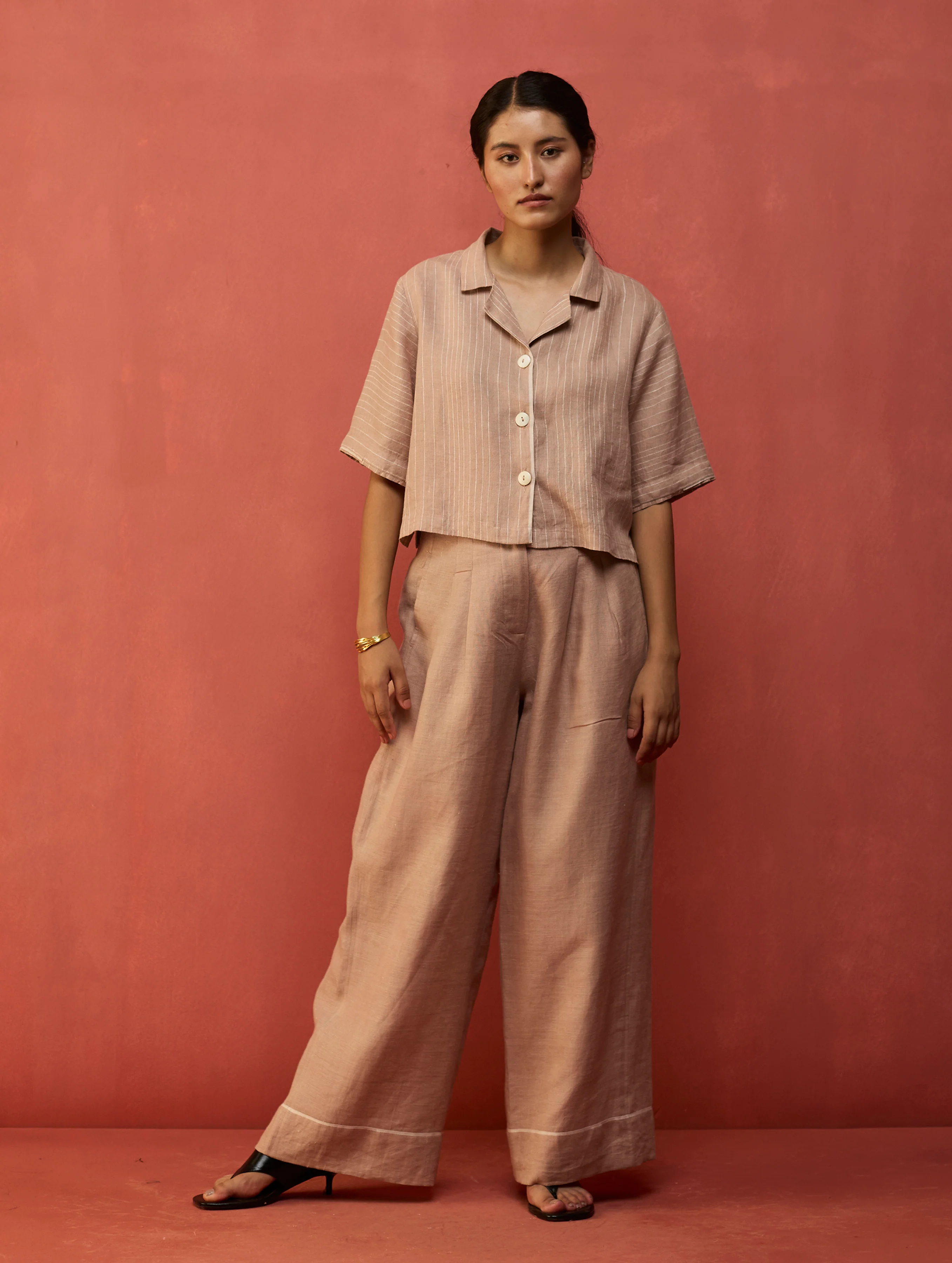 Kiera Cuban Collar Stripe Linen Co-ord Set - Dusty Rose - Image 3