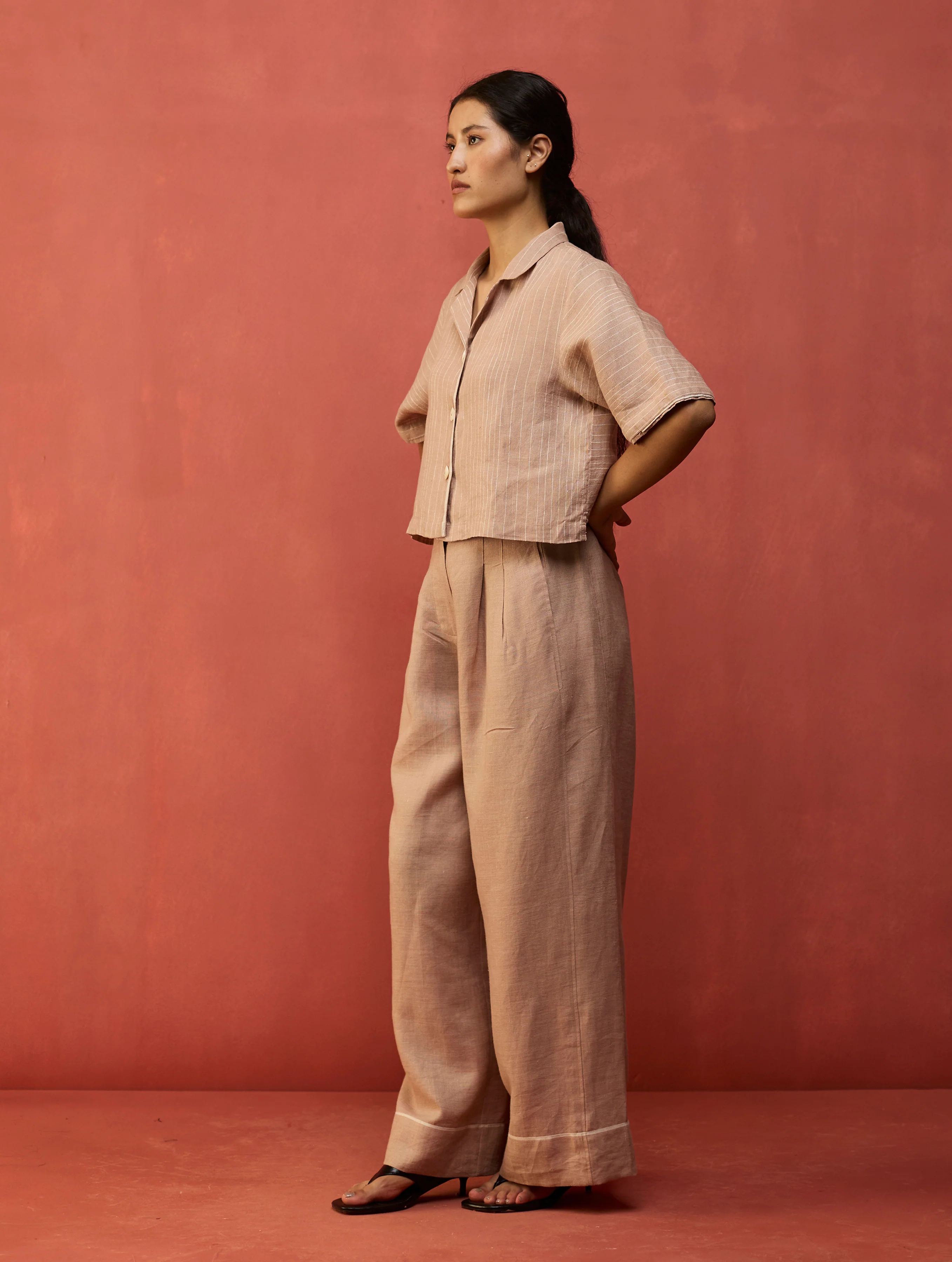 Kiera Cuban Collar Stripe Linen Co-ord Set - Dusty Rose - Image 4