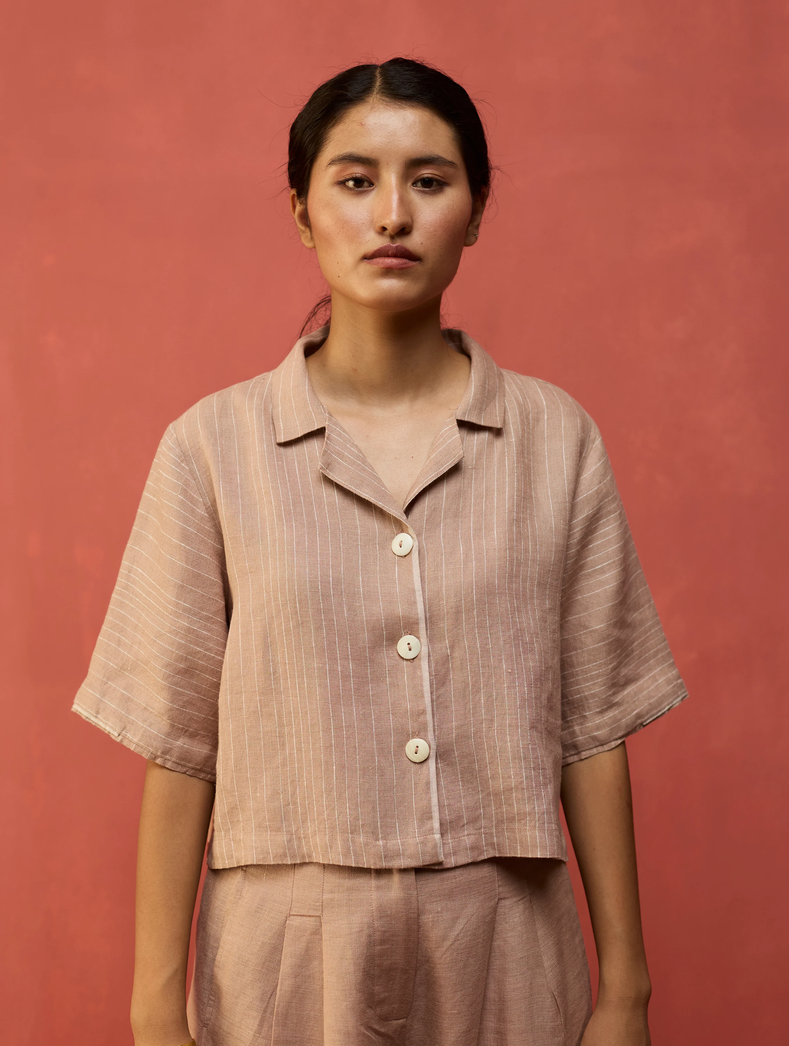 Kiera Cuban Collar Stripe Linen Co-ord Set - Dusty Rose - Image 5