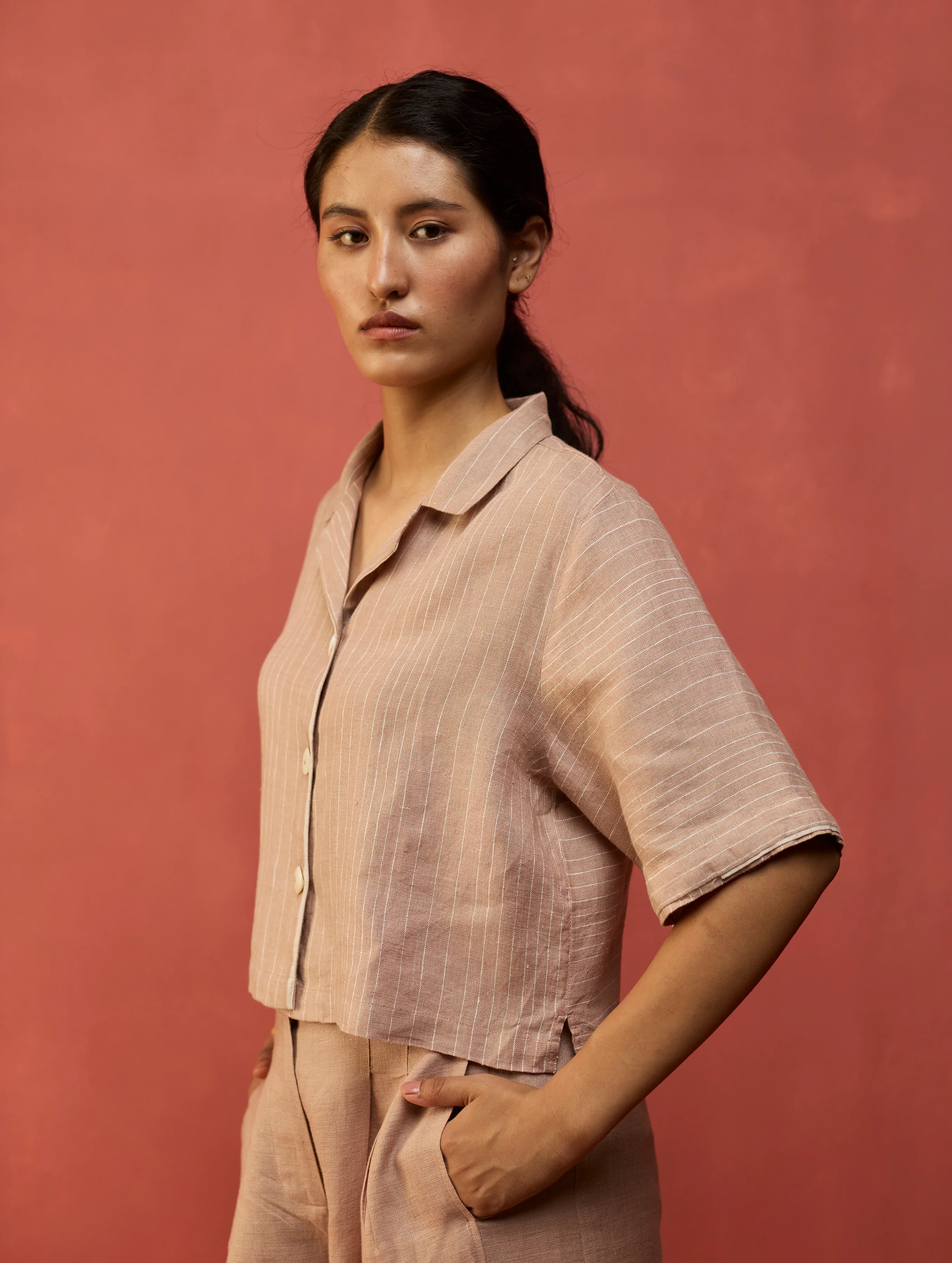 Kiera Cuban Collar Stripe Linen Co-ord Set - Dusty Rose - Image 7