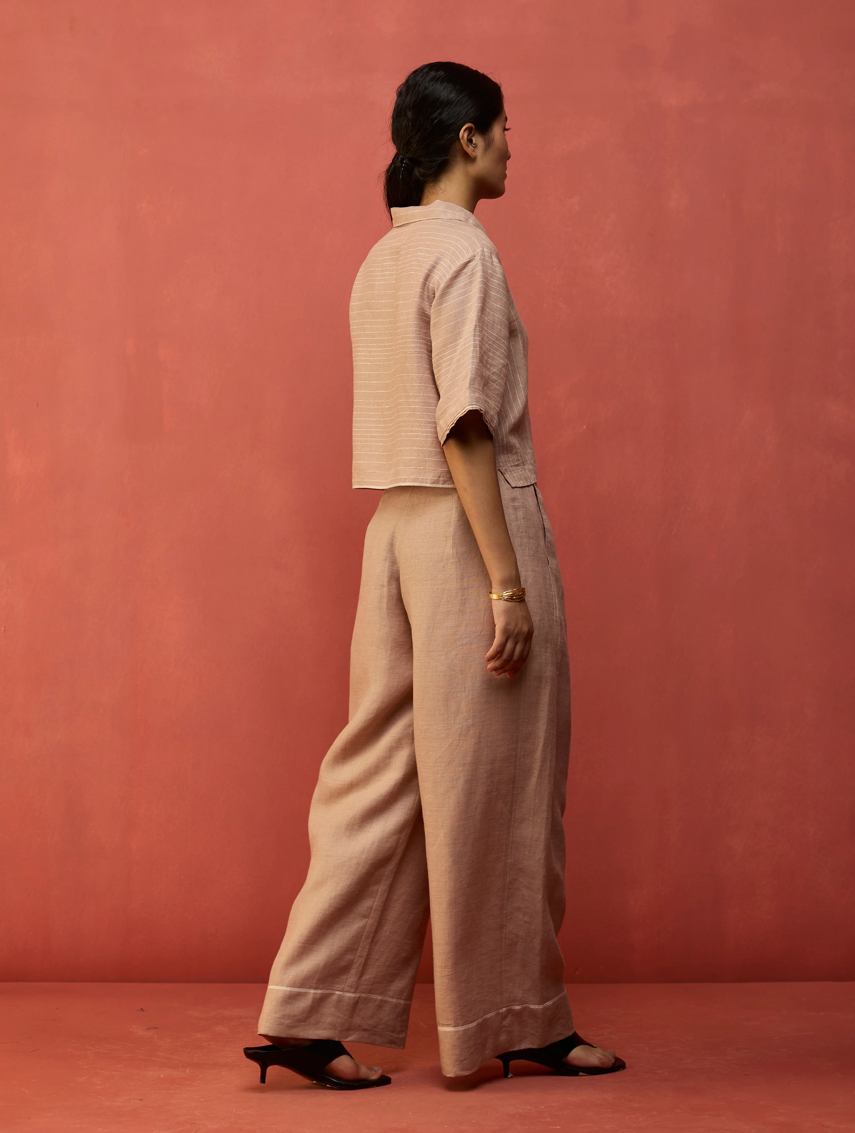 Kiera Cuban Collar Stripe Linen Co-ord Set - Dusty Rose - Image 9