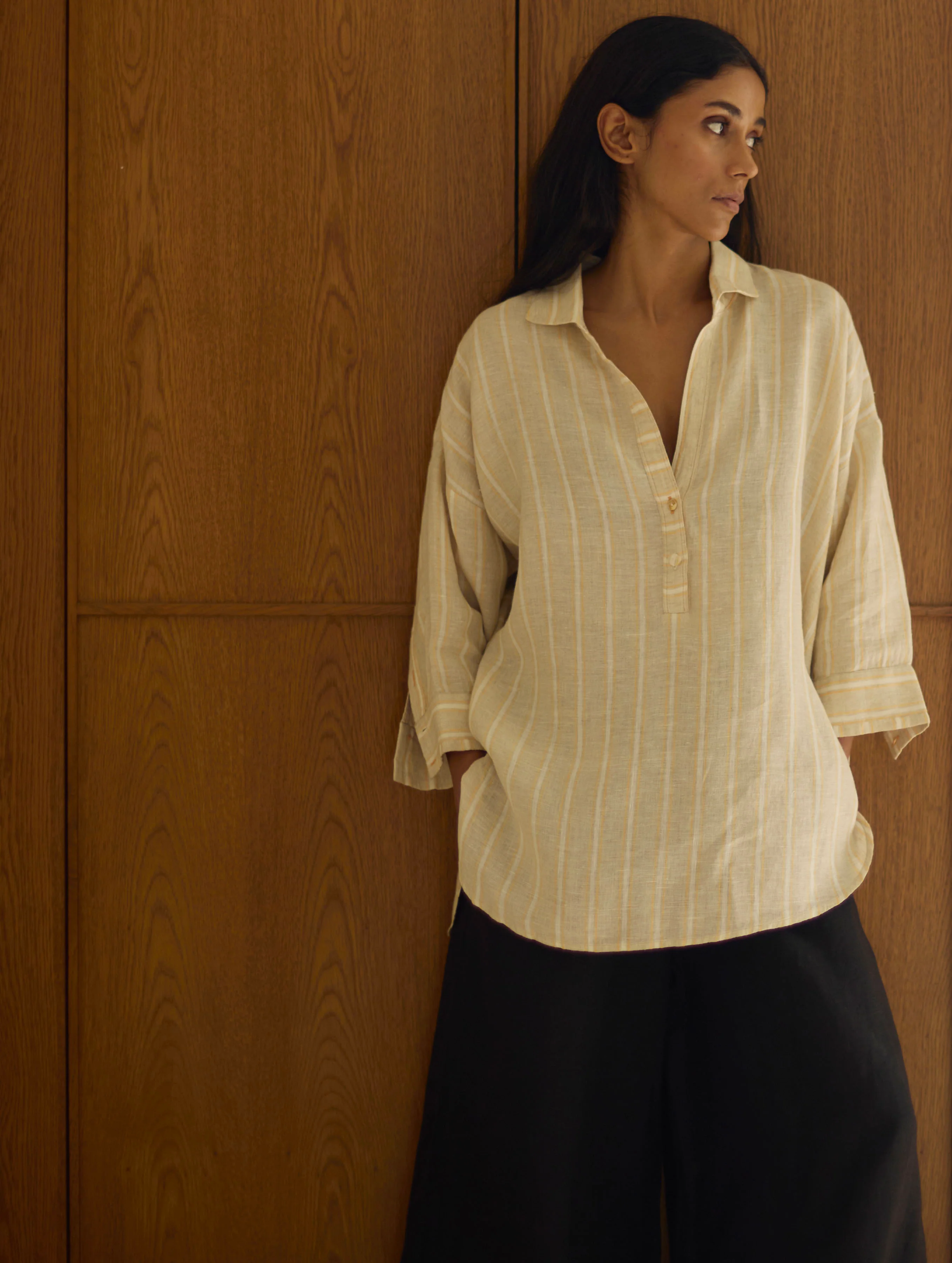 Kiku Striped Linen Top with Black Linen Pants - Image 3