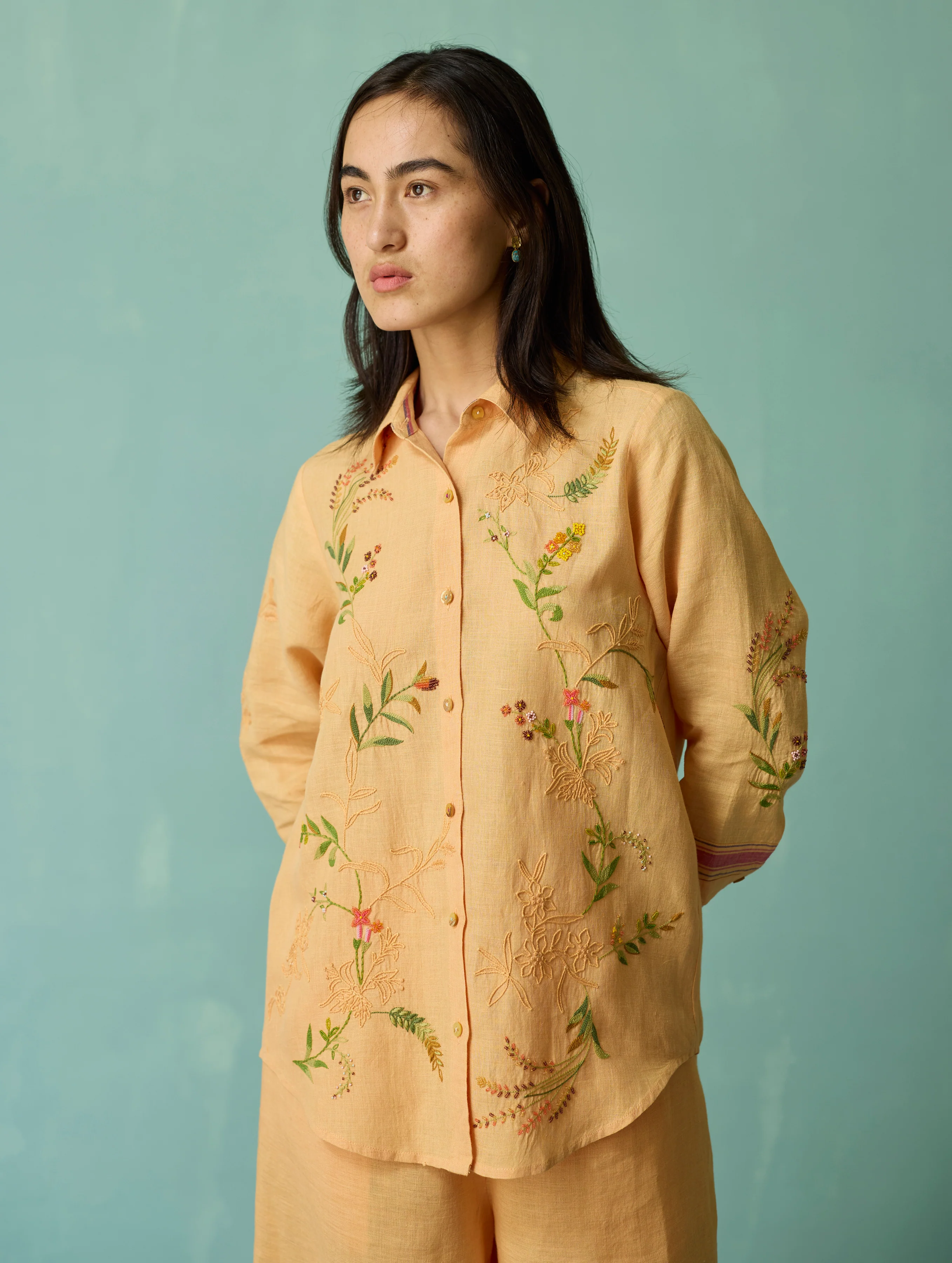 Kima Hand-Embroidered Floral Shirt - Apricot - Image 4