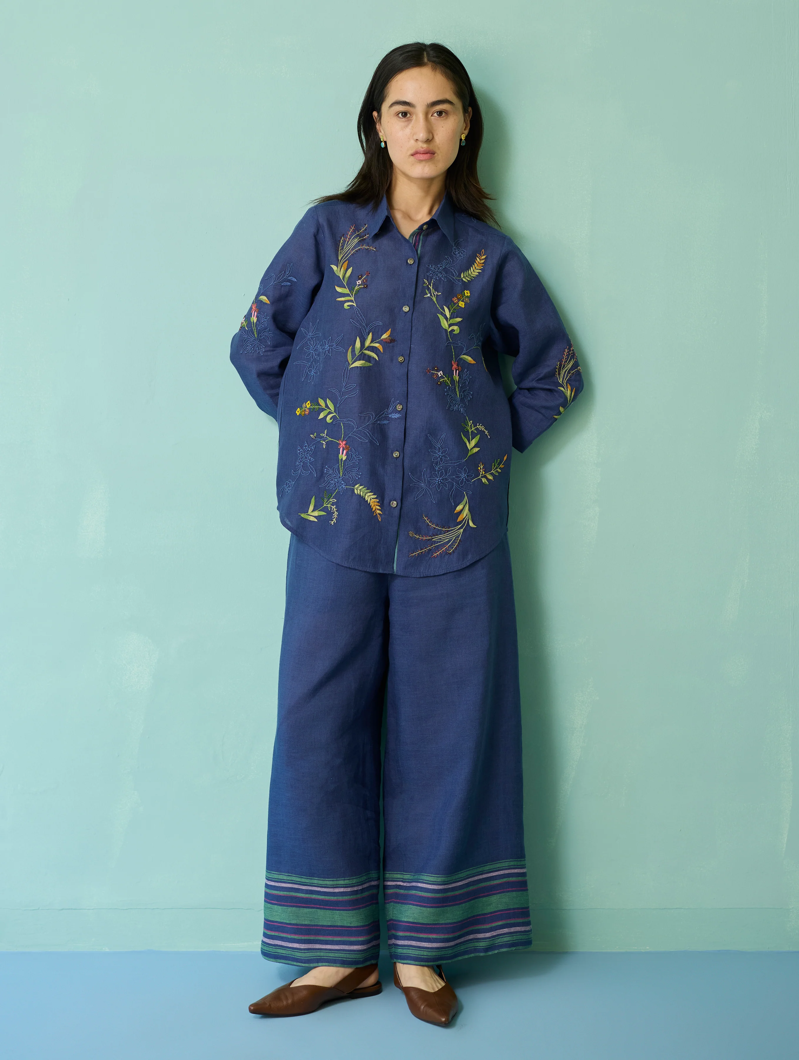 Kima Hand-Embroidered Floral Shirt - Indigo - Image 3