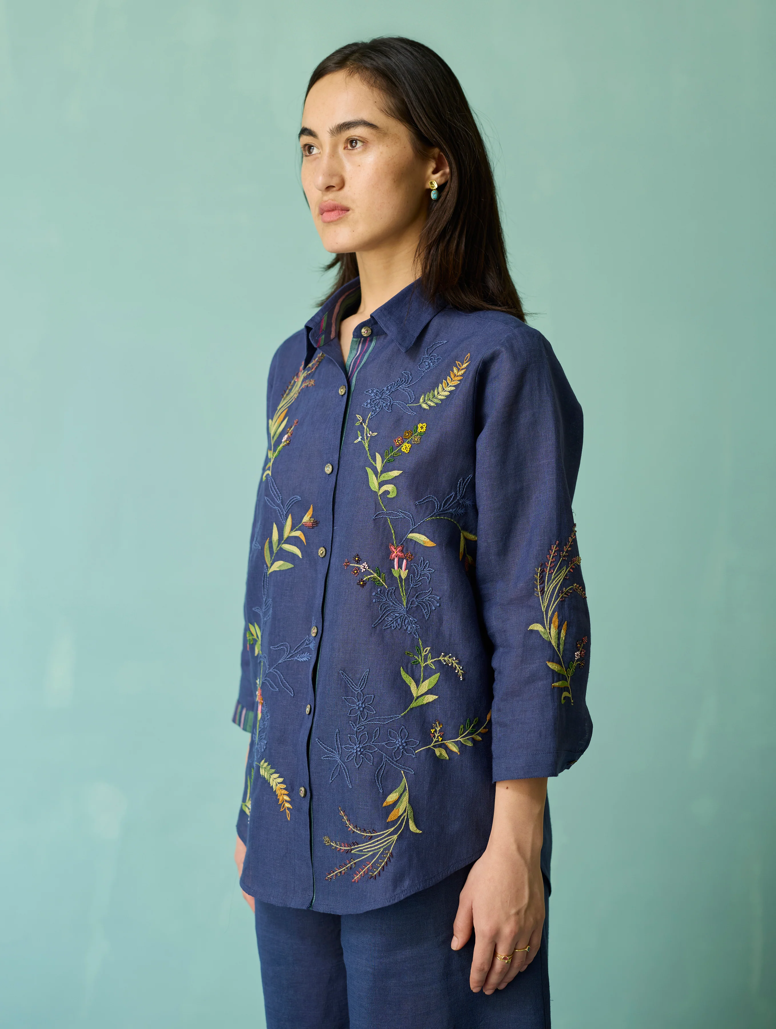Kima Hand-Embroidered Floral Shirt - Indigo - Image 5