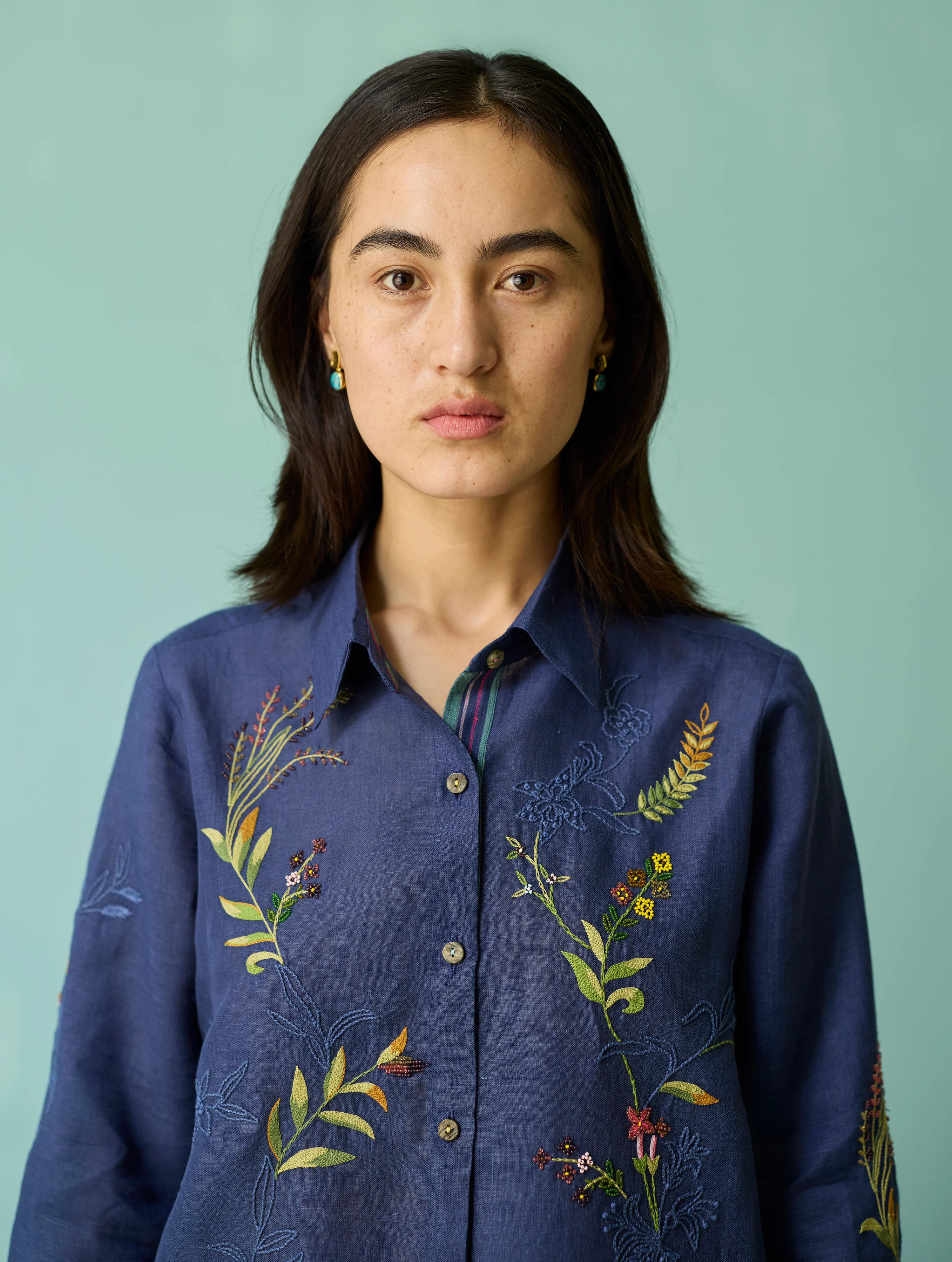 Kima Hand-Embroidered Floral Shirt - Indigo - Image 7