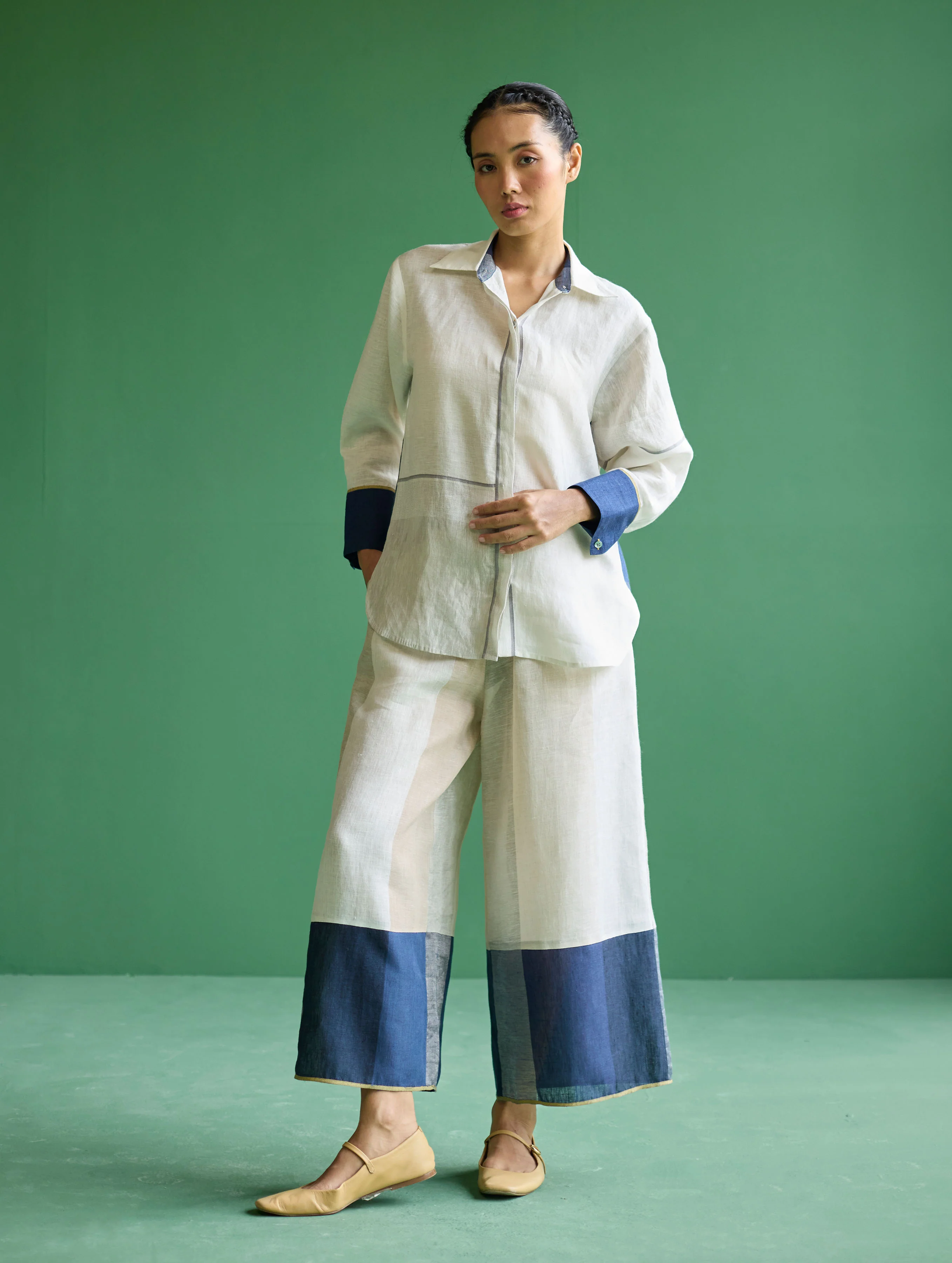 Kio Color-Blocked Linen Pant- Ivory - Image 2
