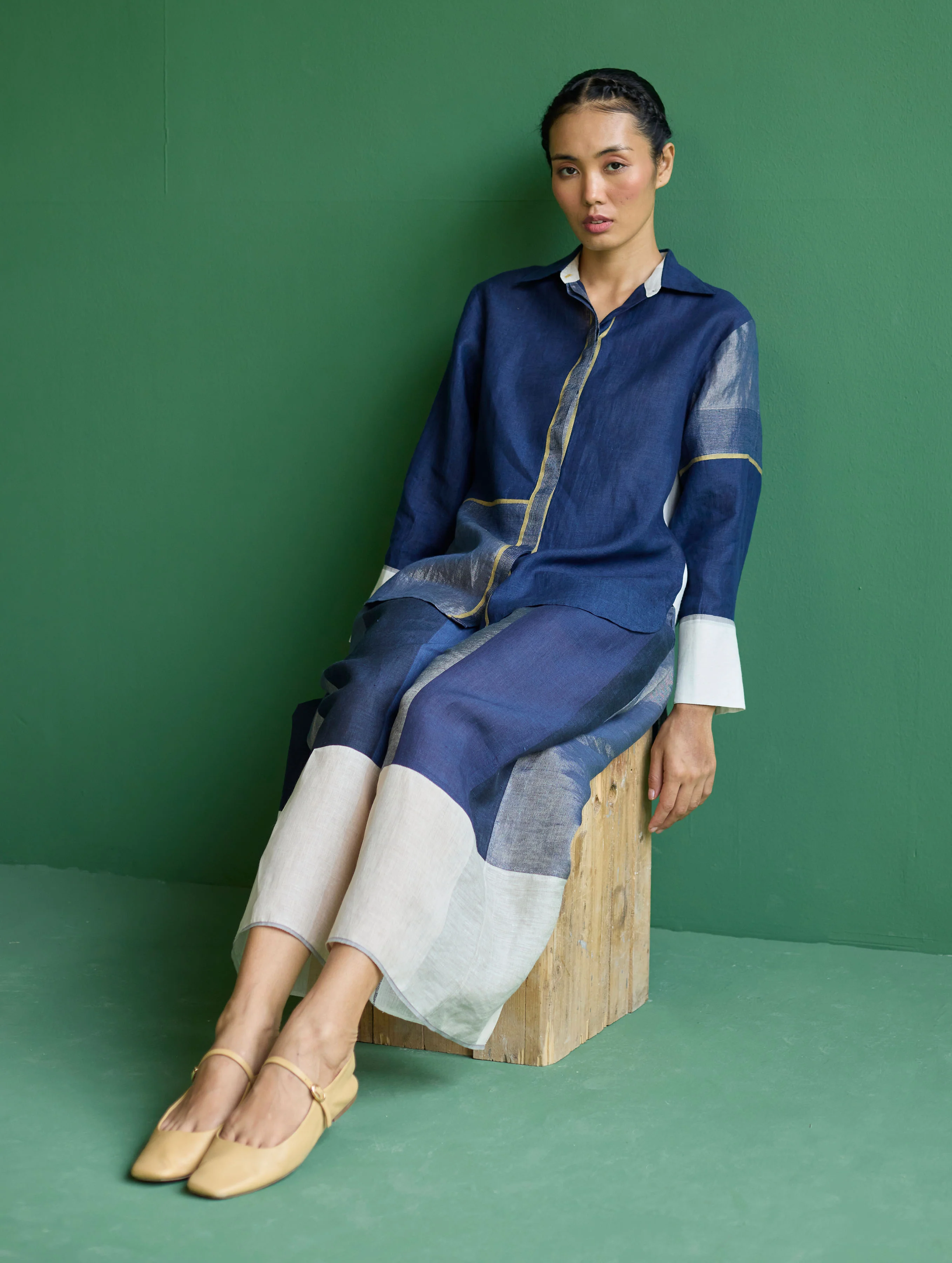 Kio Color-Blocked Linen Pant - Navy - Image 5