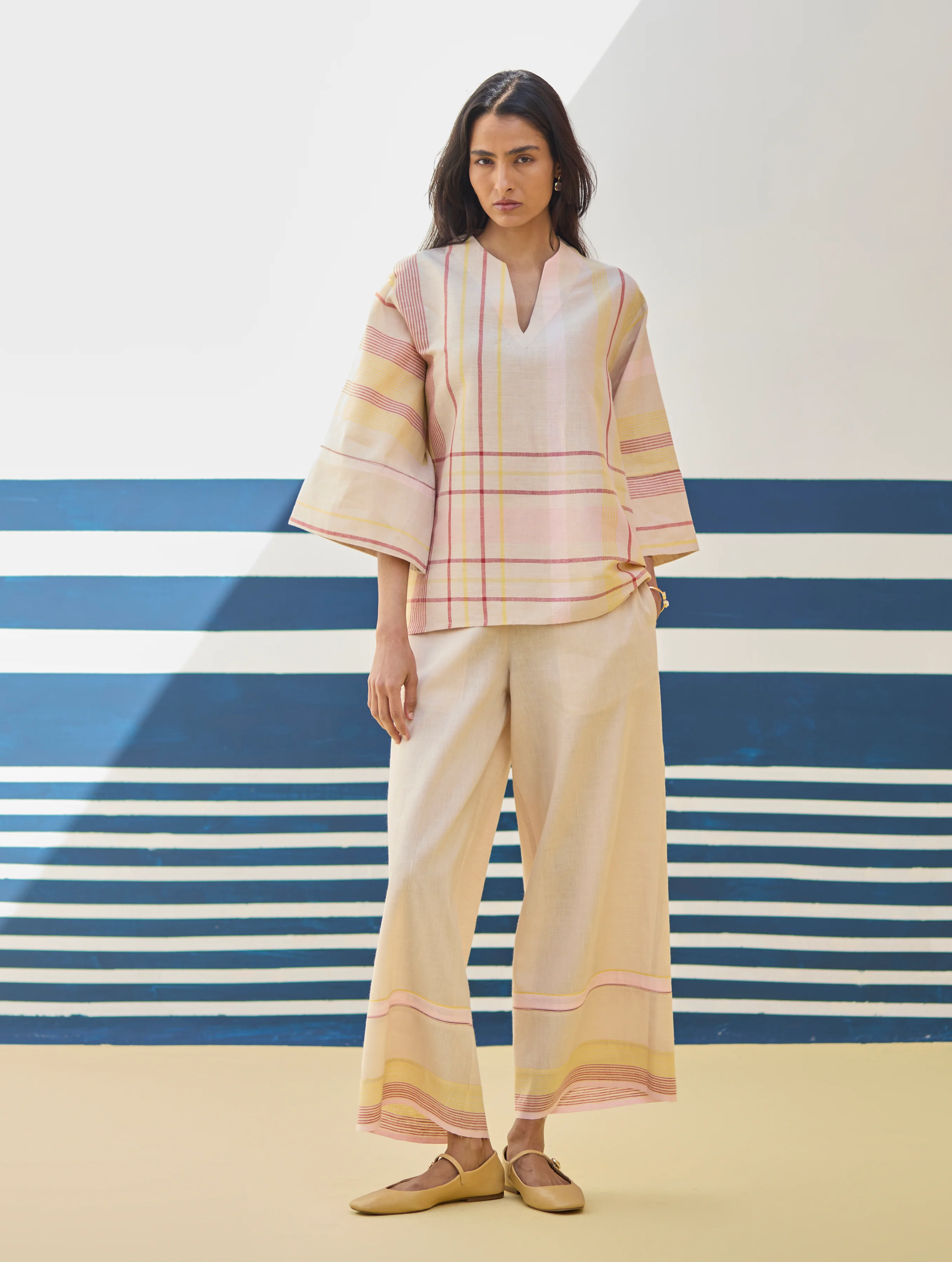 Kira Check Linen Top - Sand - Image 3