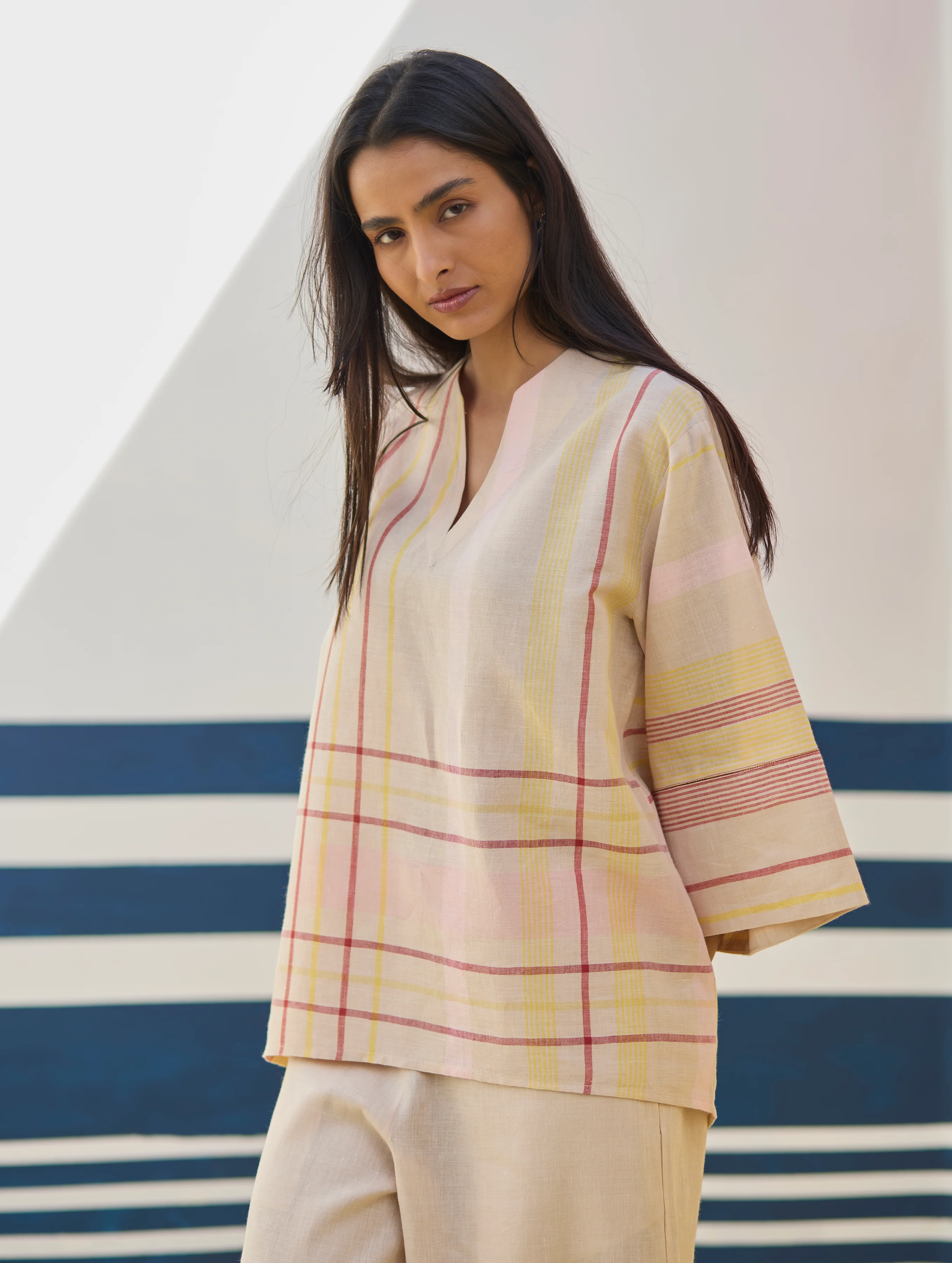Kira Check Linen Top - Sand - Image 5
