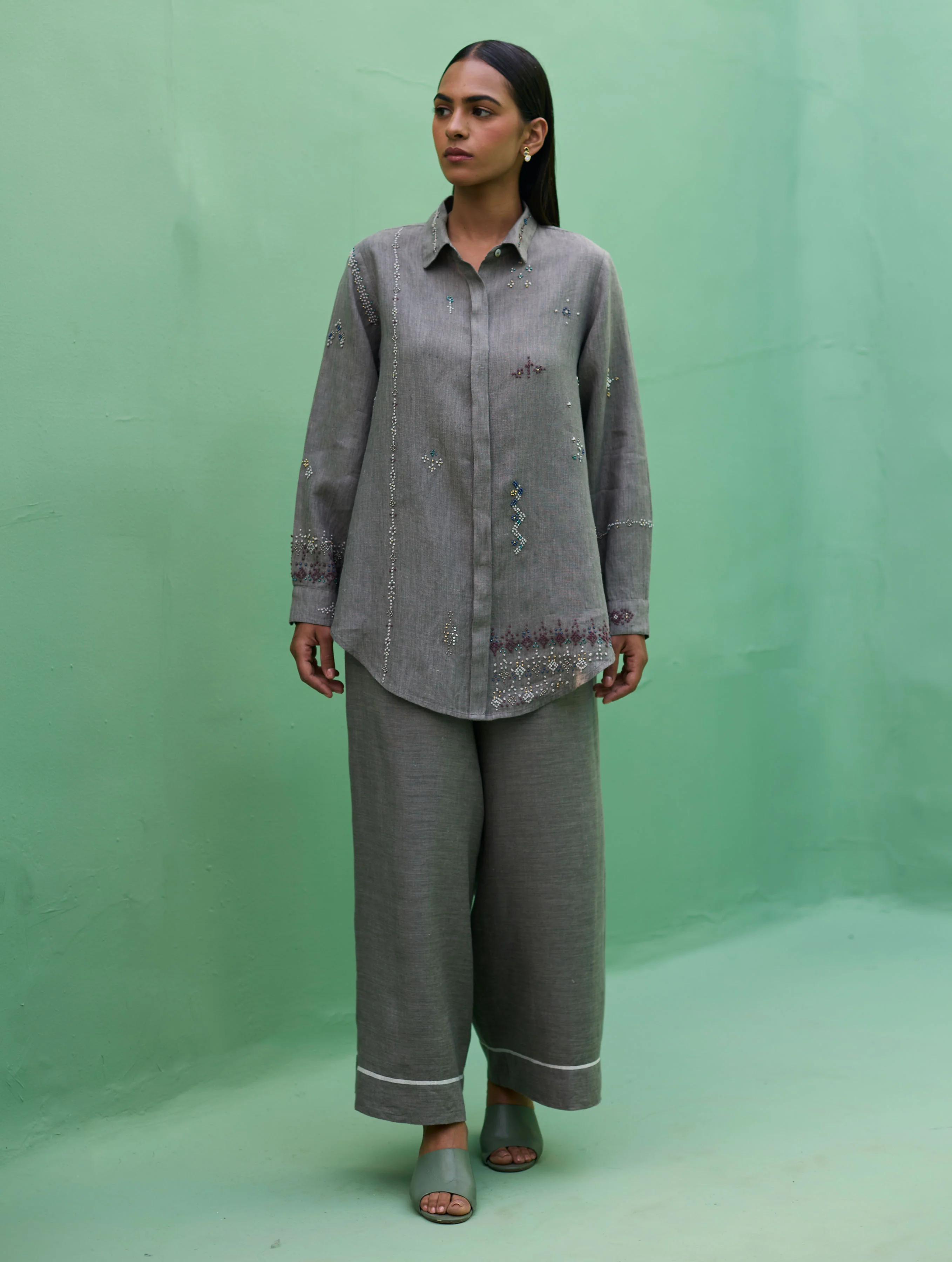 Kira Hand-Embroidered Linen Co-ord Set - Grey - Image 13