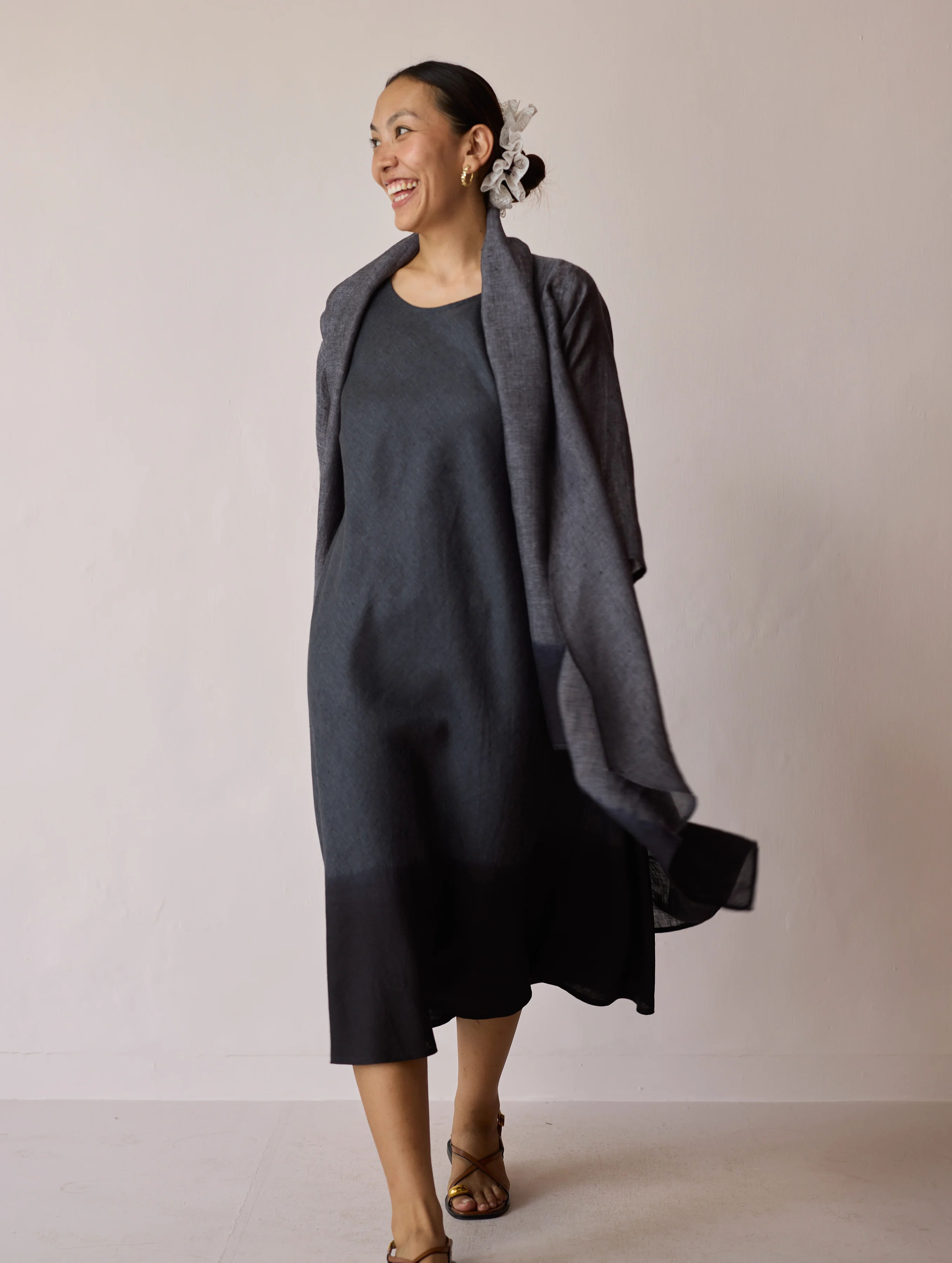 Kiya Ombre Hand-Dyed Linen Dress & Overlay- Charcoal