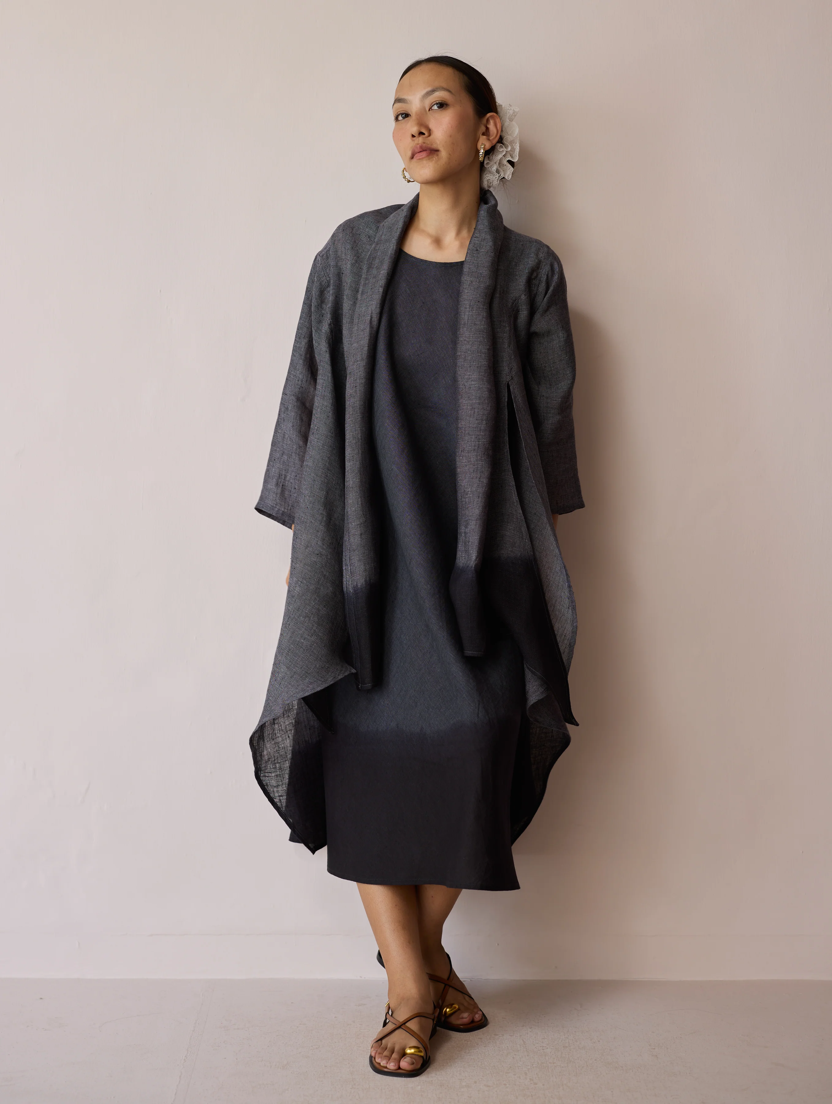 Kiya Ombre Hand-Dyed Linen Dress & Overlay- Charcoal - Image 11