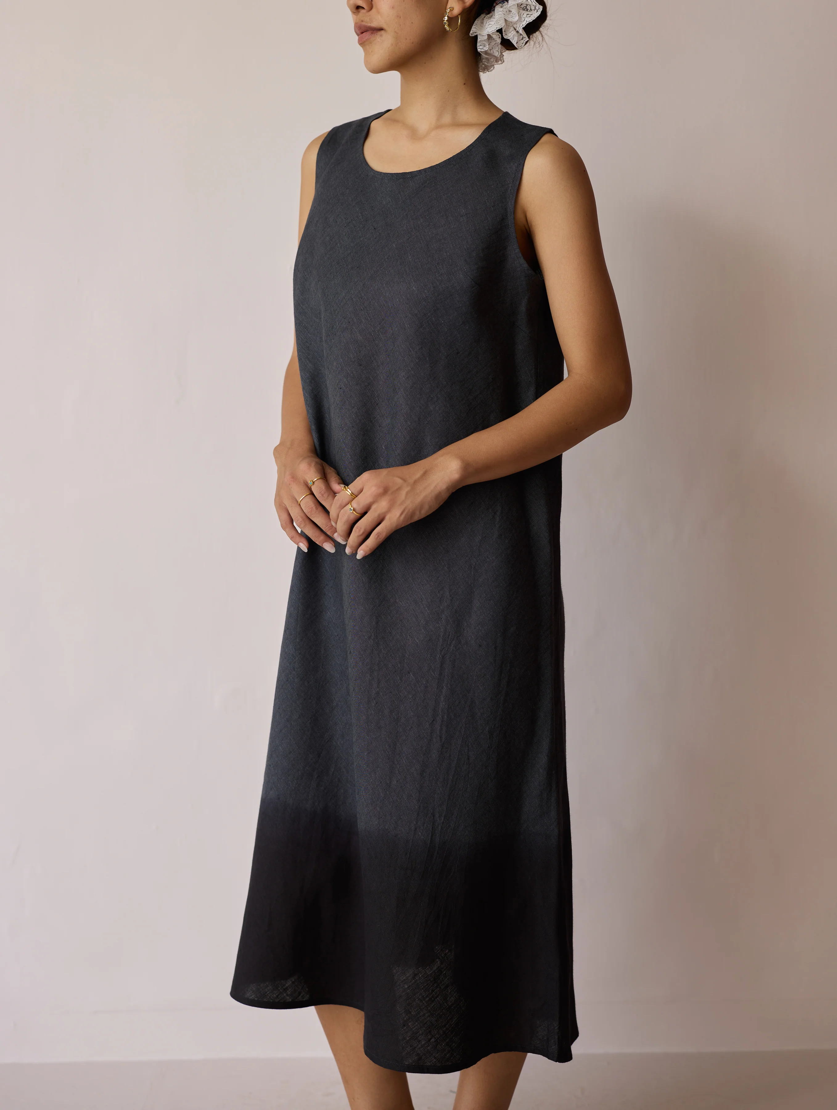 Kiya Ombre Hand-Dyed Linen Dress & Overlay- Charcoal - Image 12