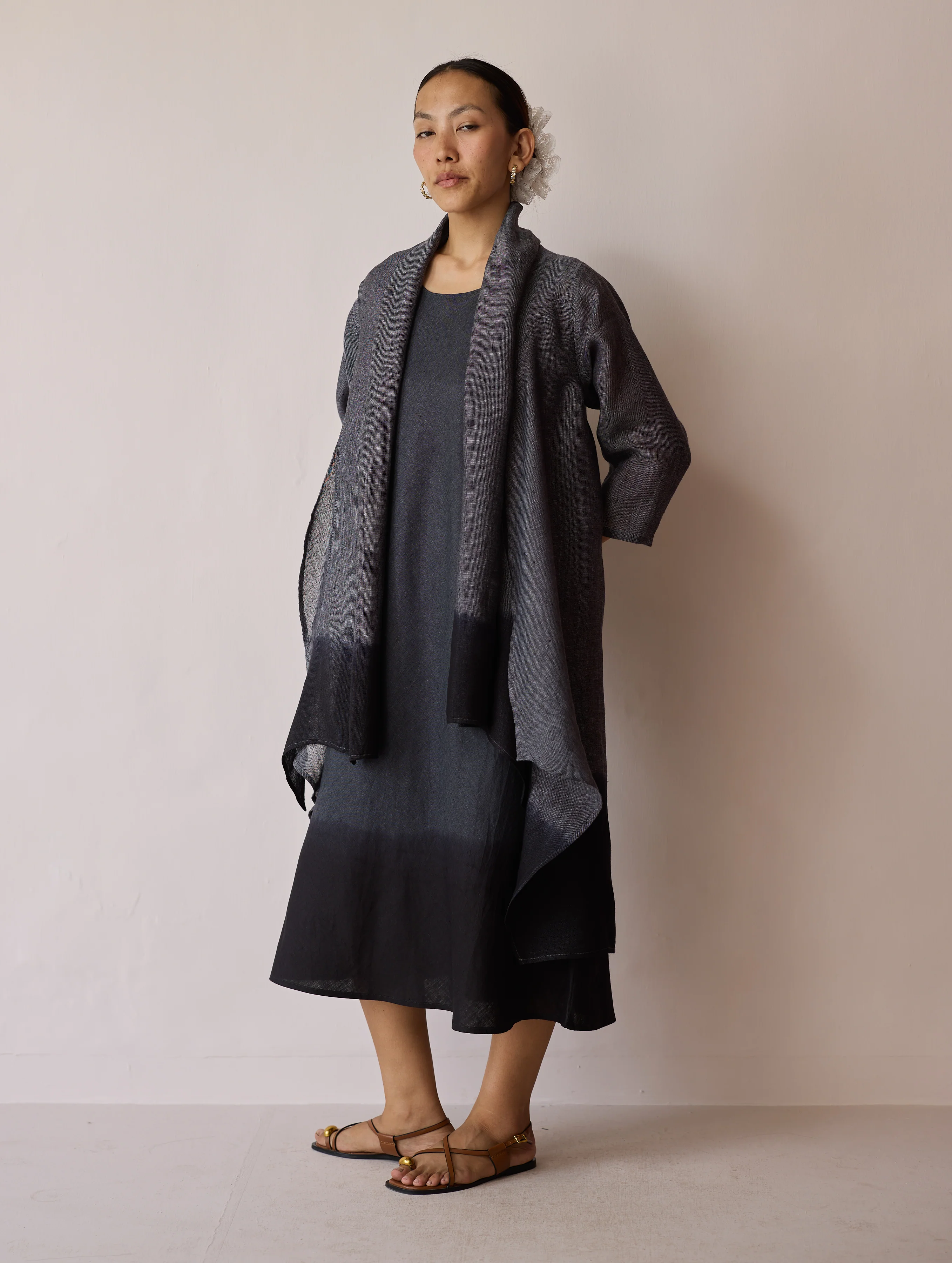 Kiya Ombre Hand-Dyed Linen Dress & Overlay- Charcoal - Image 13