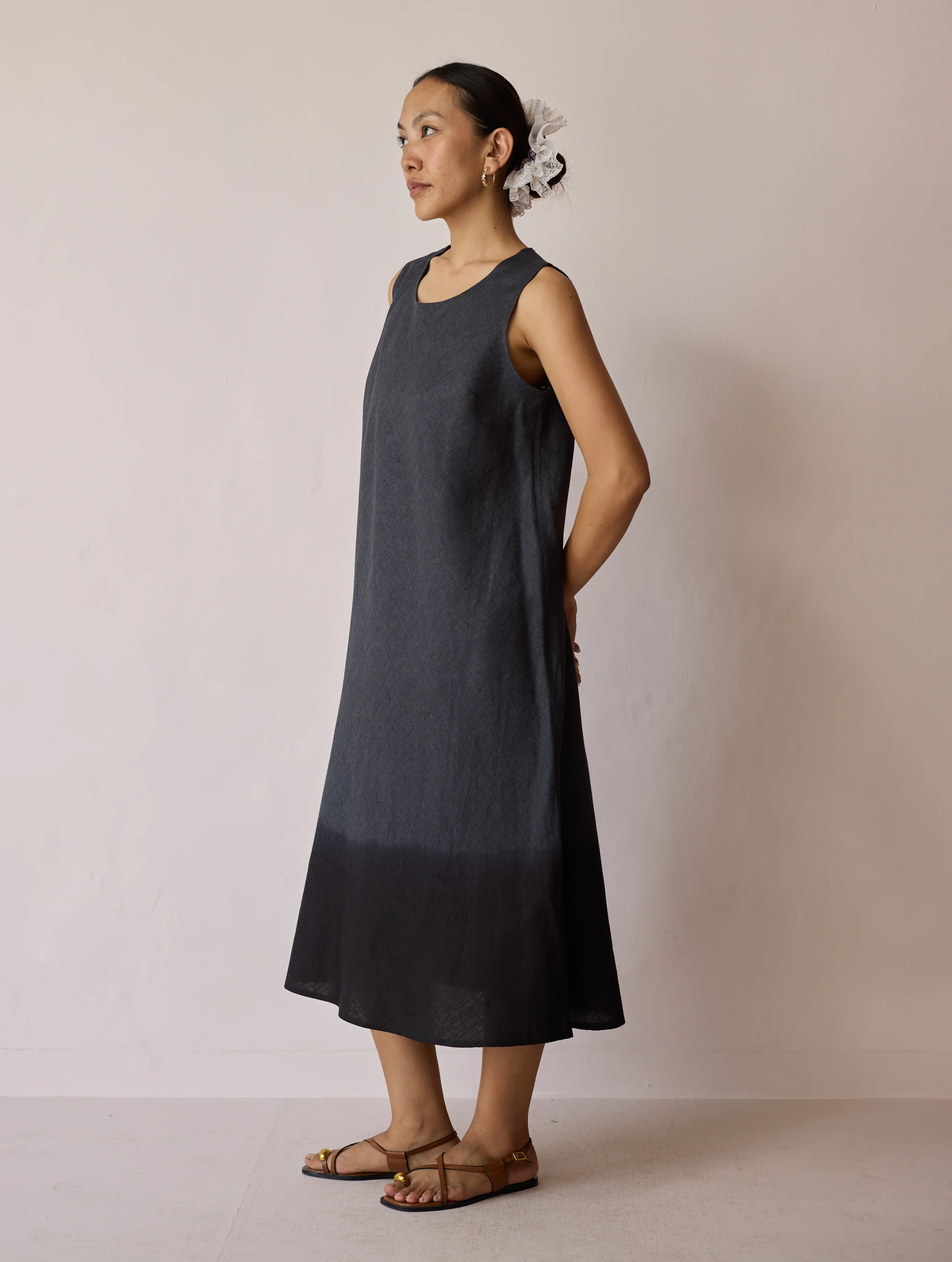 Kiya Ombre Hand-Dyed Linen Dress & Overlay- Charcoal - Image 14