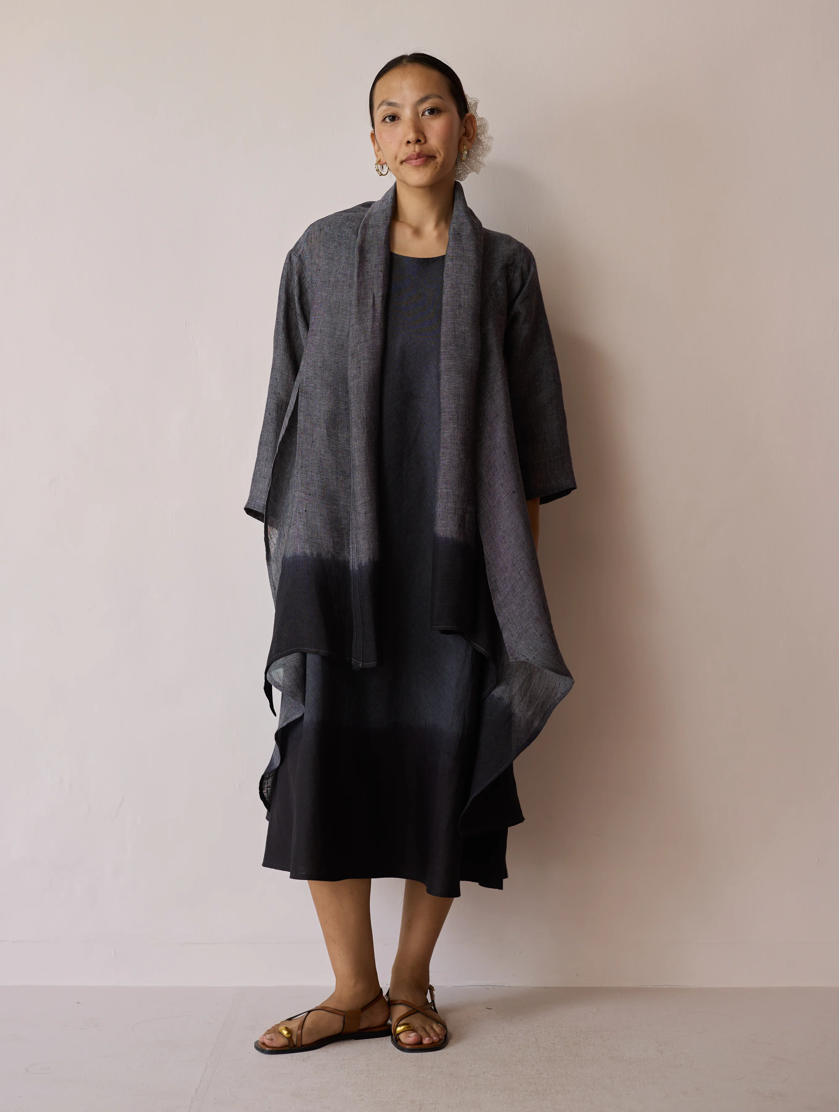 Kiya Ombre Hand-Dyed Linen Dress & Overlay- Charcoal - Image 16