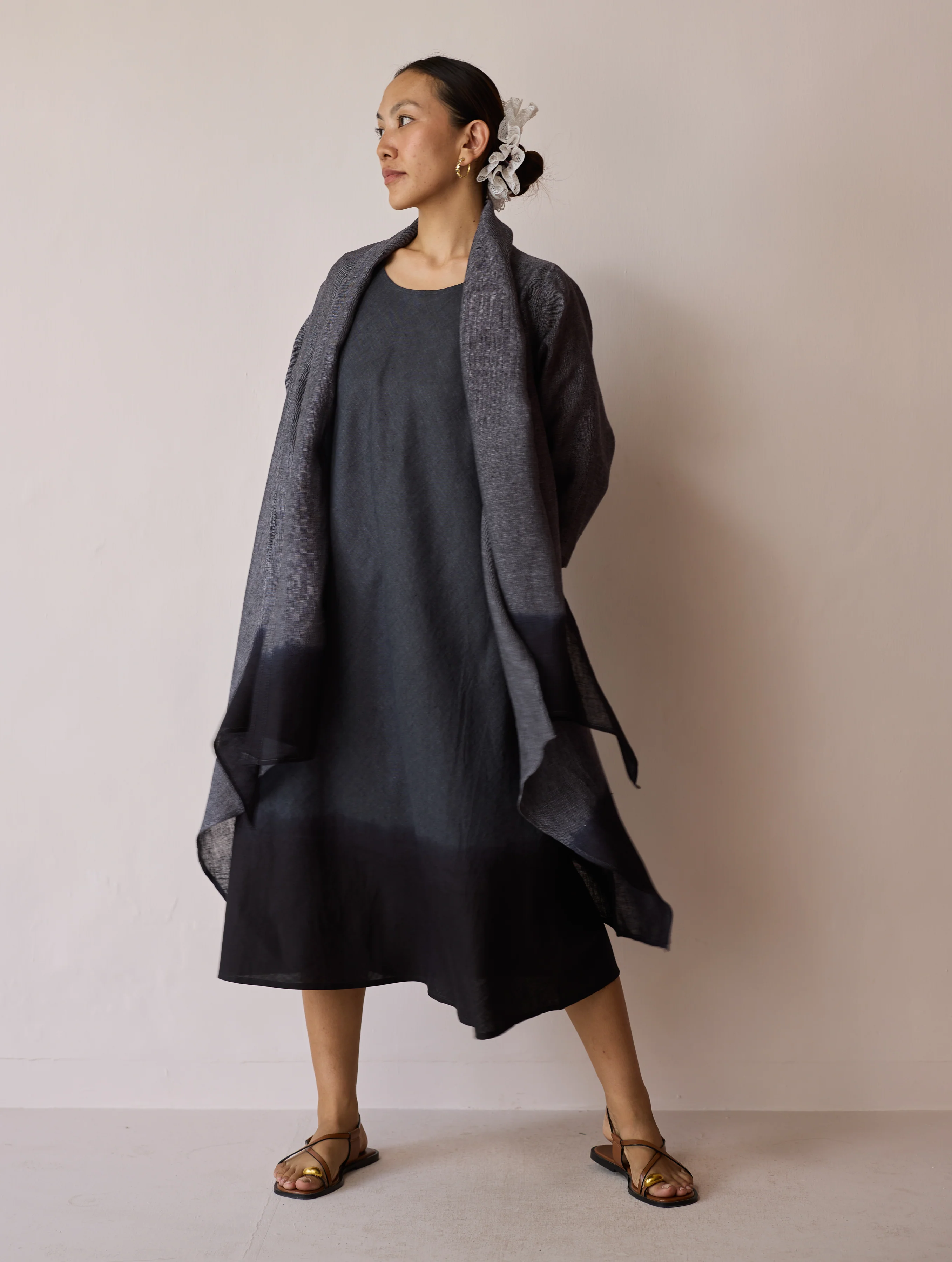 Kiya Ombre Hand-Dyed Linen Dress & Overlay- Charcoal - Image 17