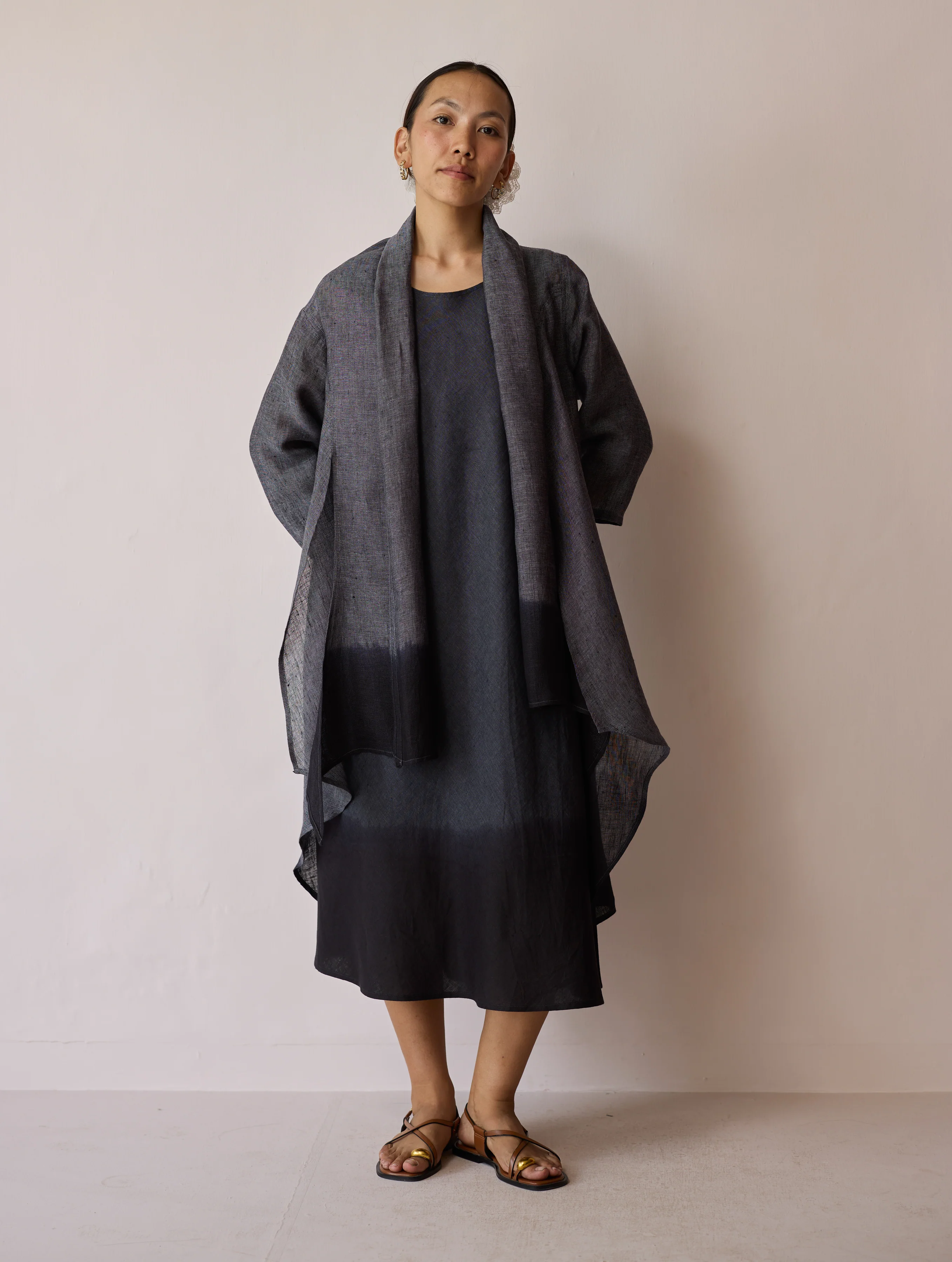 Kiya Ombre Hand-Dyed Linen Dress & Overlay- Charcoal - Image 18