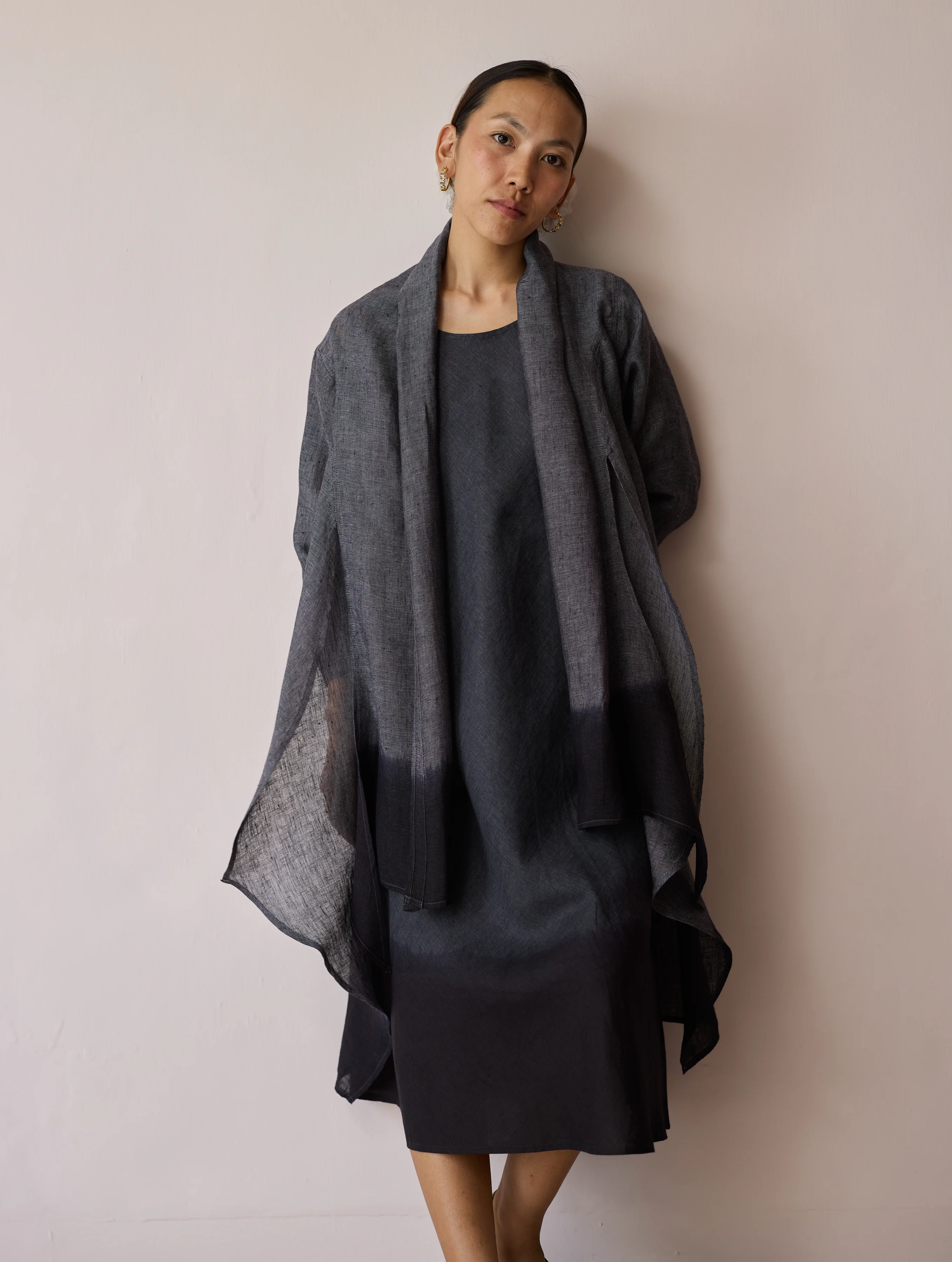 Kiya Ombre Hand-Dyed Linen Dress & Overlay- Charcoal - Image 2