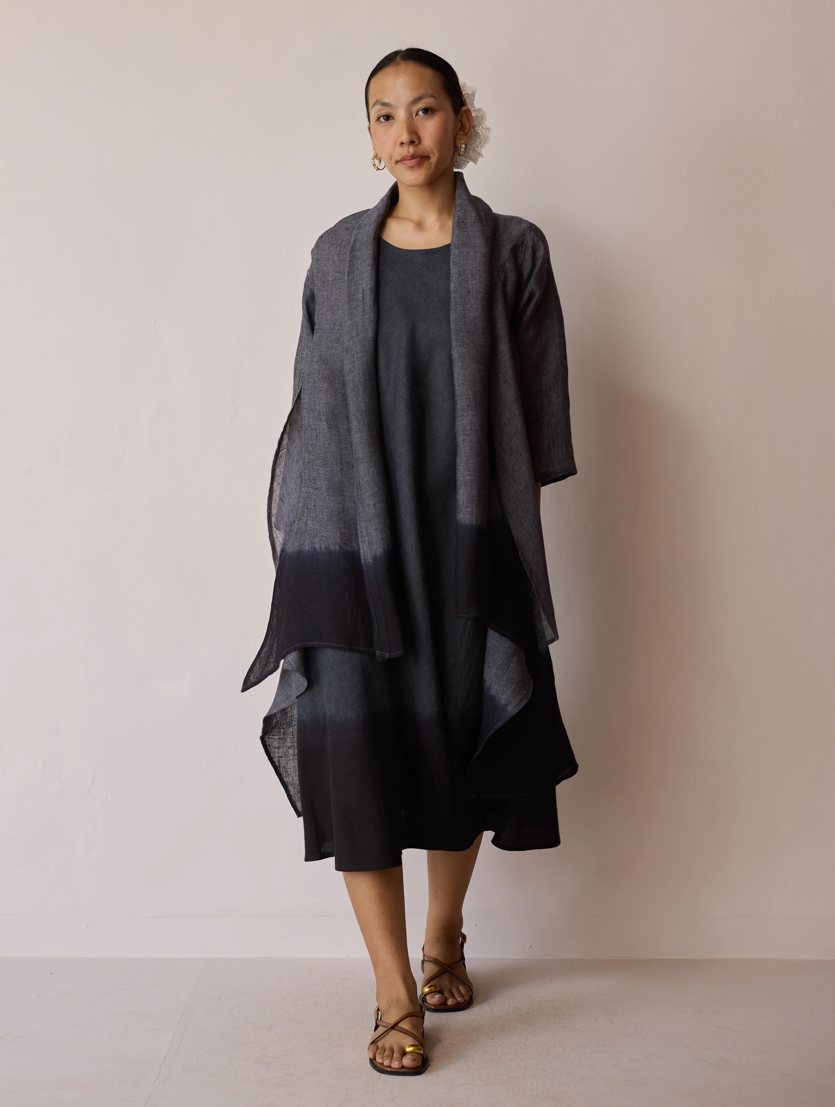 Kiya Ombre Hand-Dyed Linen Dress & Overlay- Charcoal - Image 4
