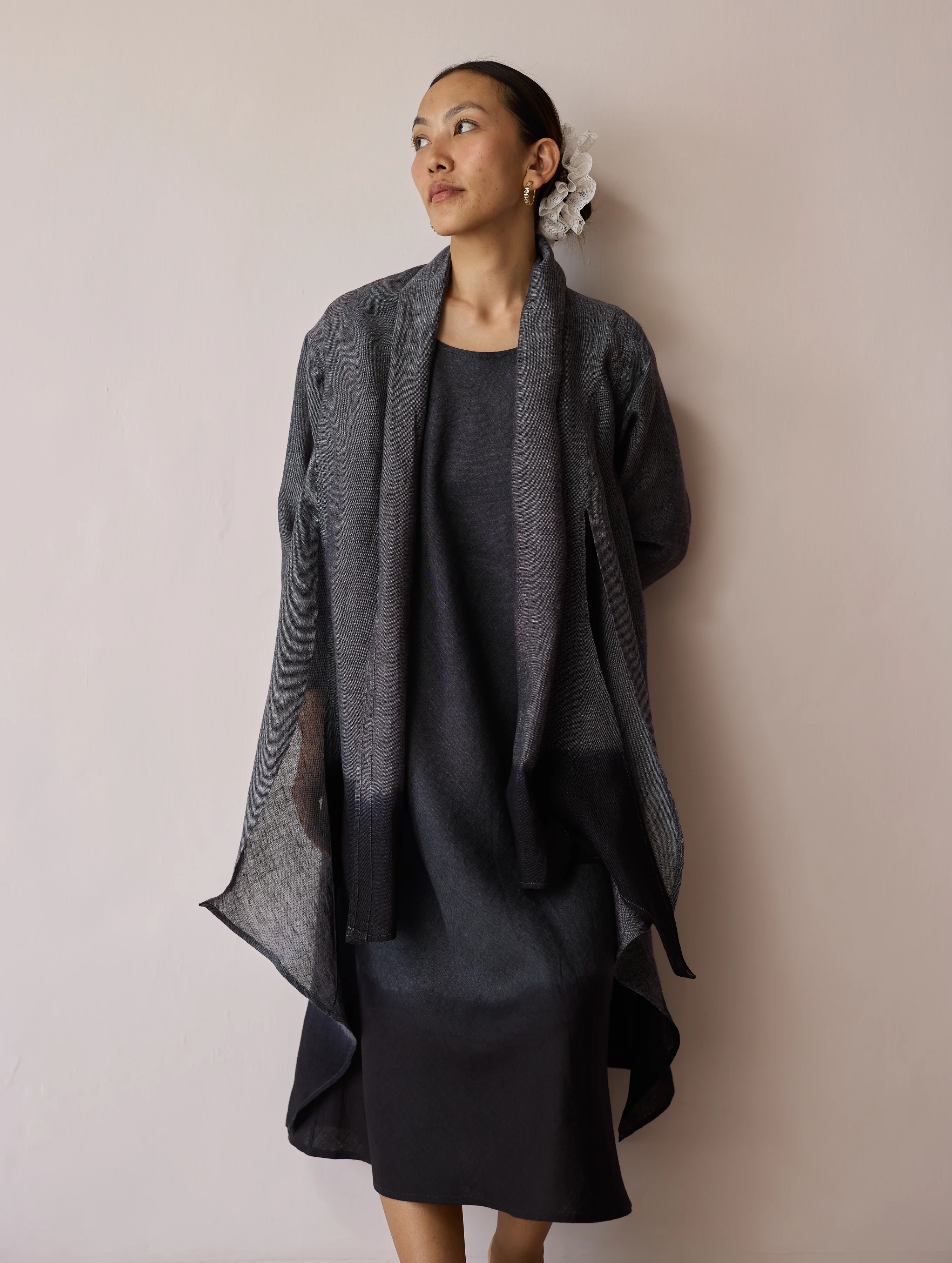 Kiya Ombre Hand-Dyed Linen Dress & Overlay- Charcoal - Image 5