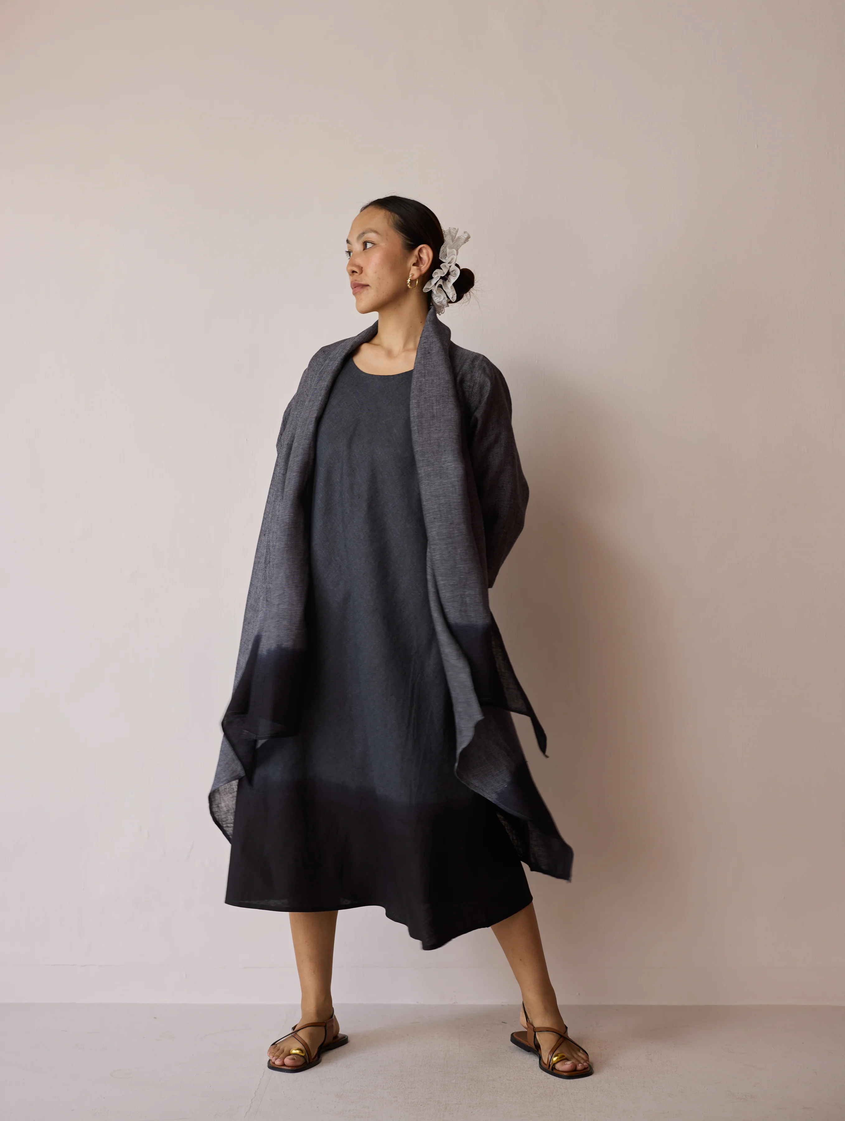 Kiya Ombre Hand-Dyed Linen Dress & Overlay- Charcoal - Image 6