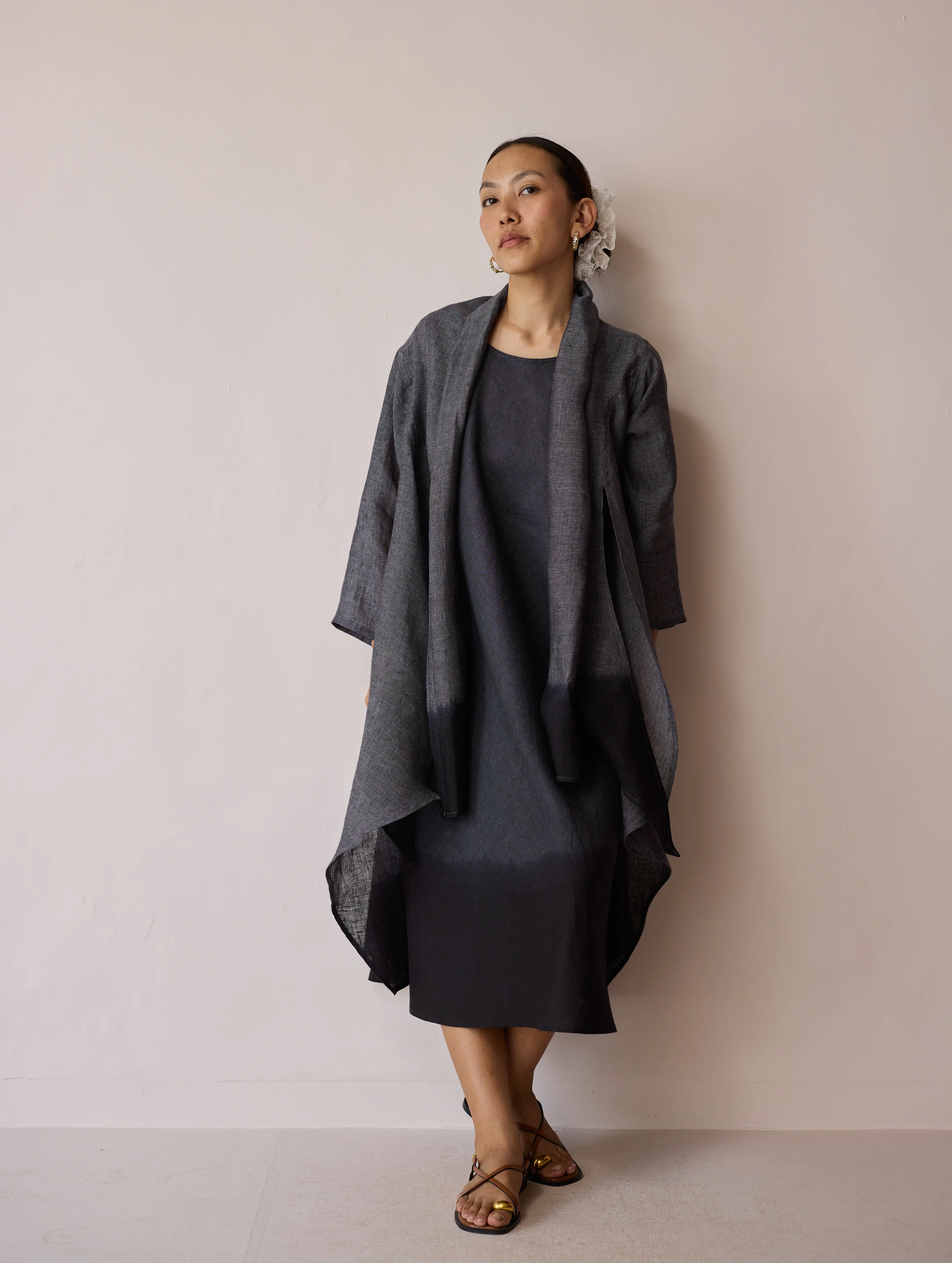 Kiya Ombre Hand-Dyed Linen Dress & Overlay- Charcoal - Image 8