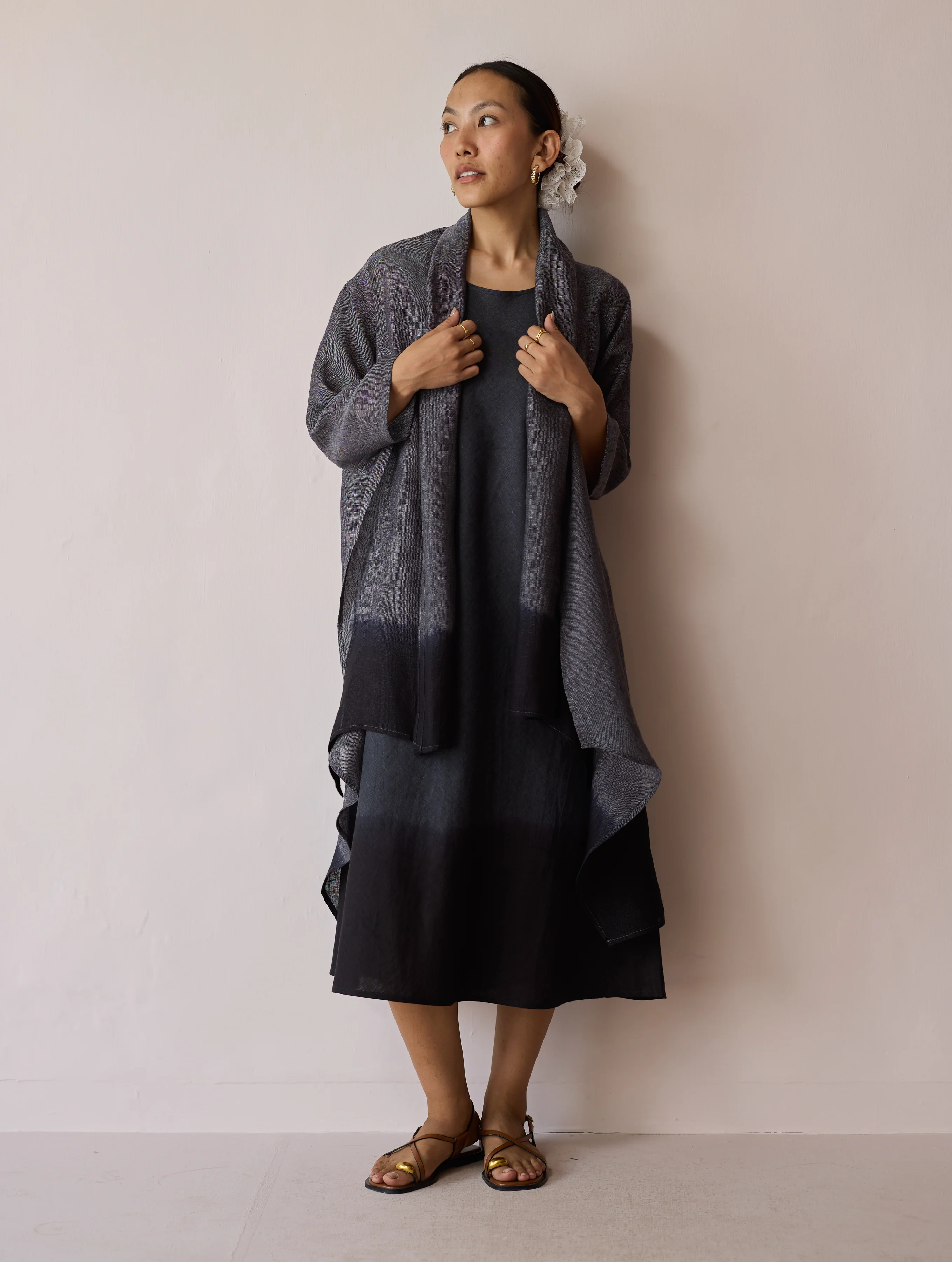 Kiya Ombre Hand-Dyed Linen Dress & Overlay- Charcoal - Image 9