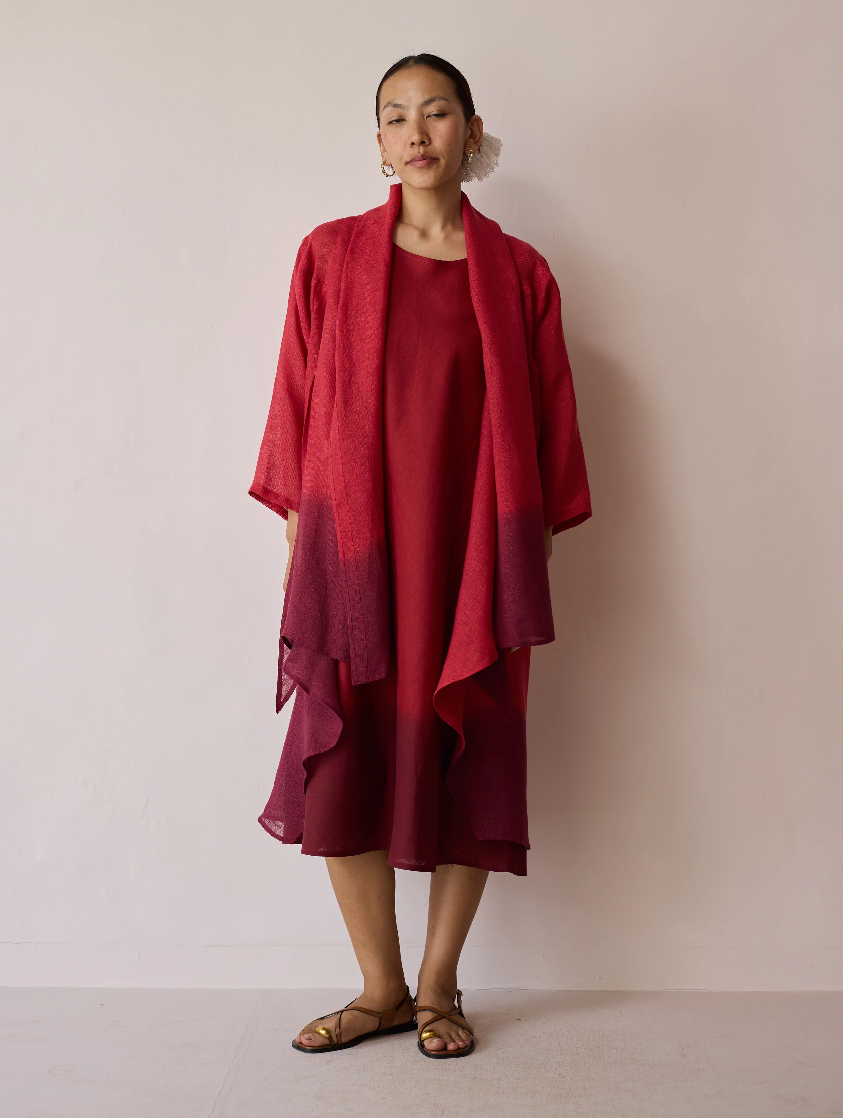 Kiya Ombre Hand-Dyed Linen Dress & Overlay - Heirloom Red - Image 12