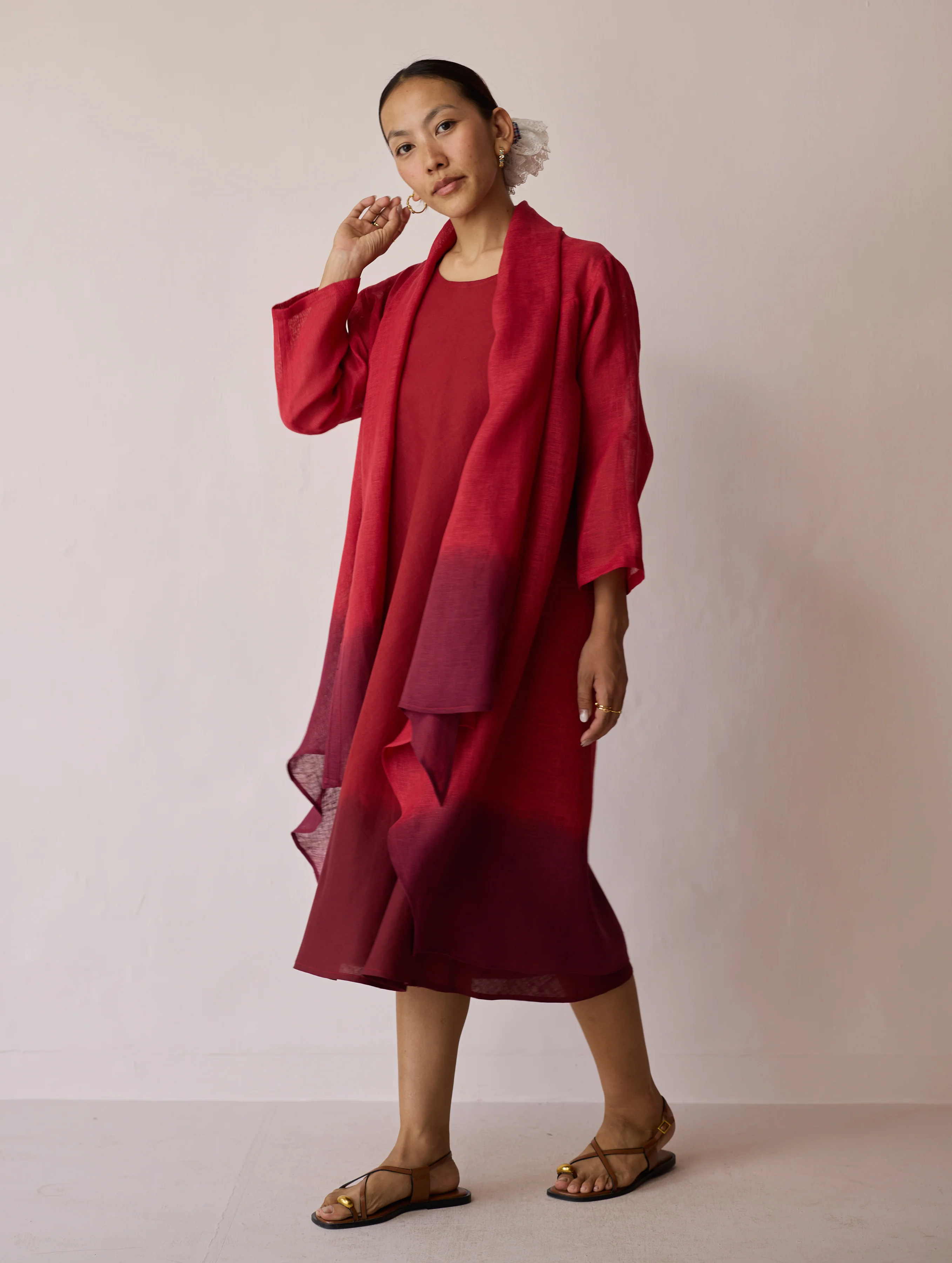 Kiya Ombre Hand-Dyed Linen Dress & Overlay - Heirloom Red - Image 8