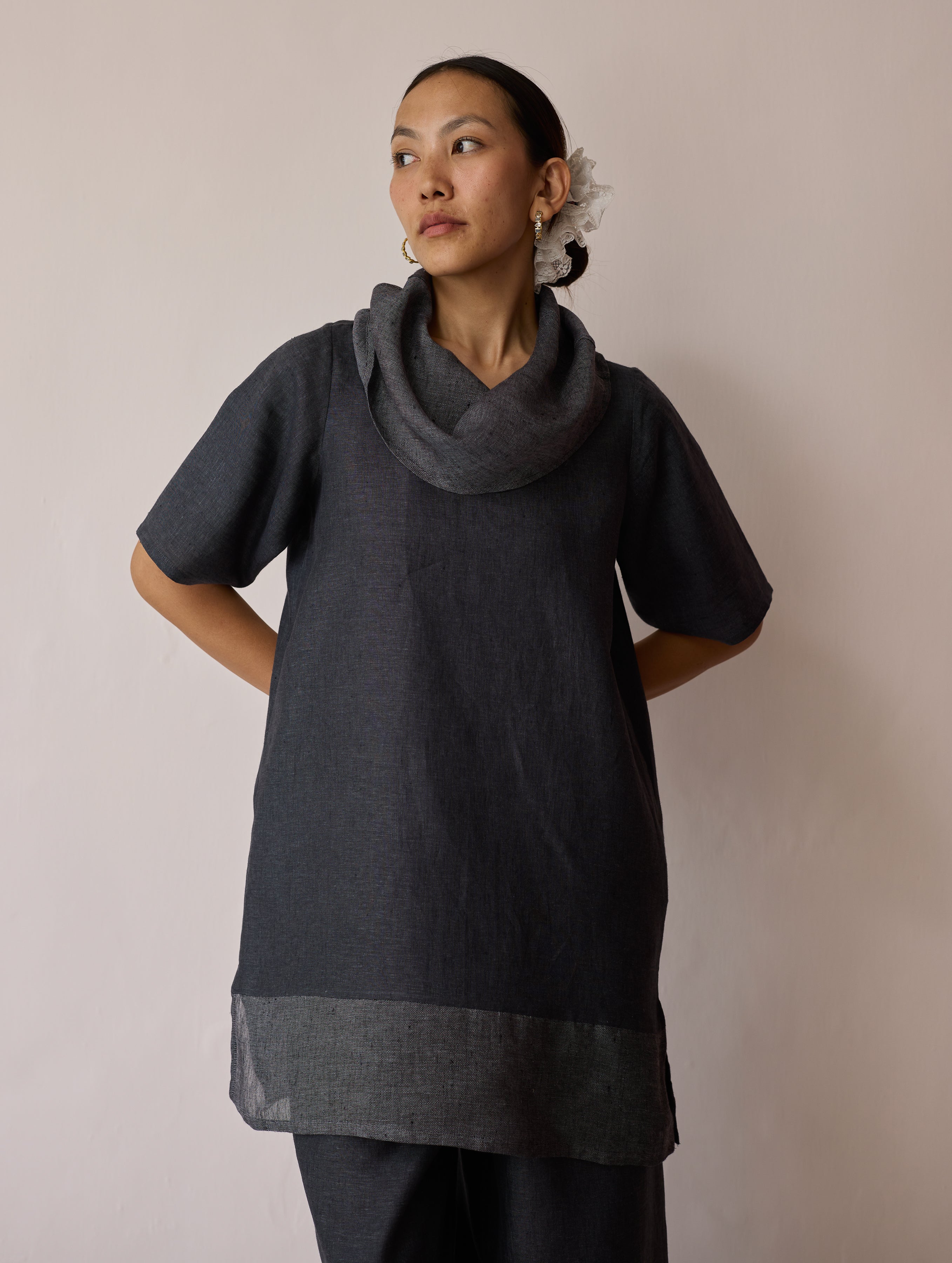 Kora Cowl-Neck Patchwork Linen Kurta - Charcoal