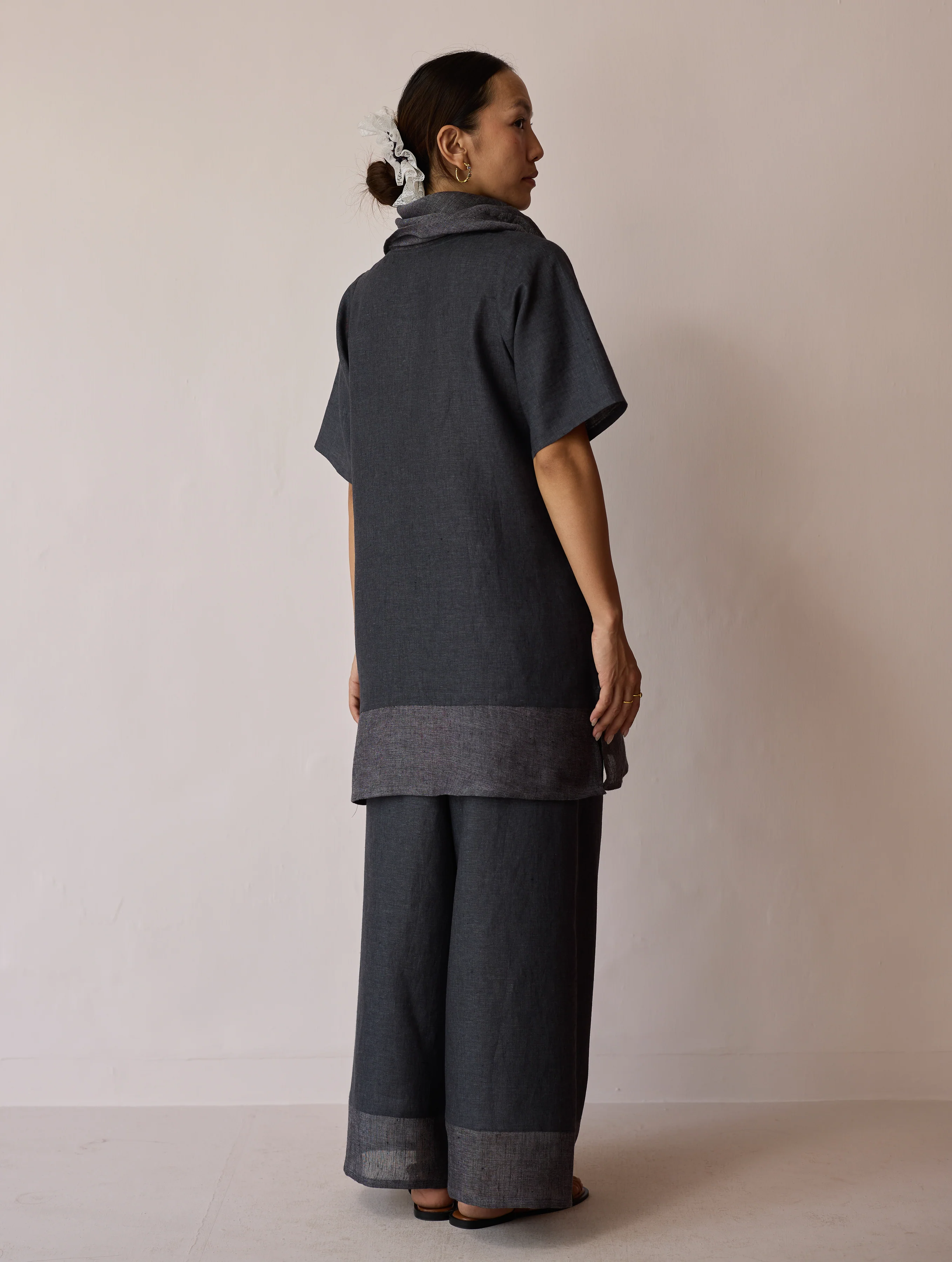 Kora Cowl-Neck Patchwork Linen Kurta - Charcoal - Image 10