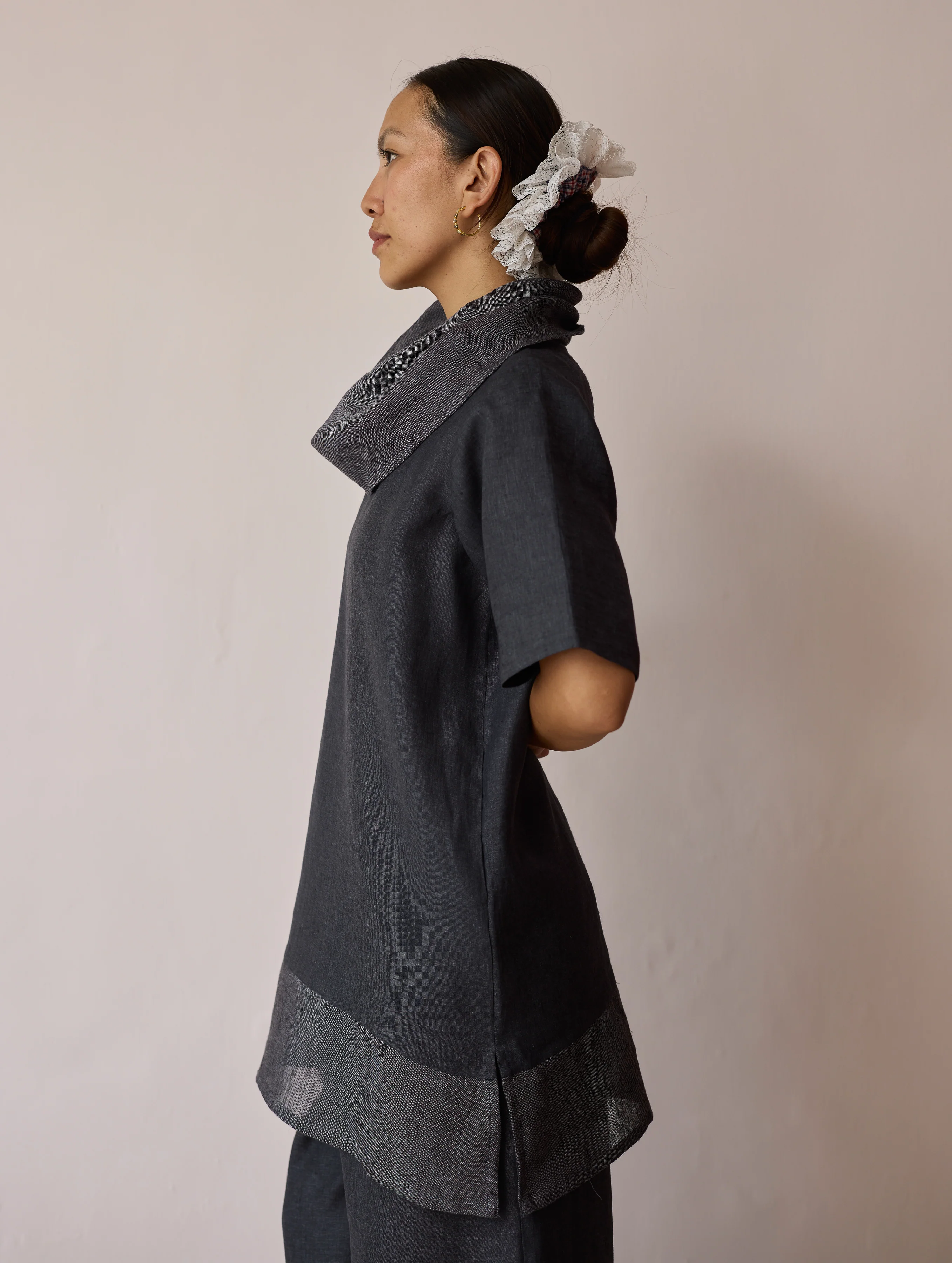 Kora Cowl-Neck Patchwork Linen Kurta - Charcoal - Image 11