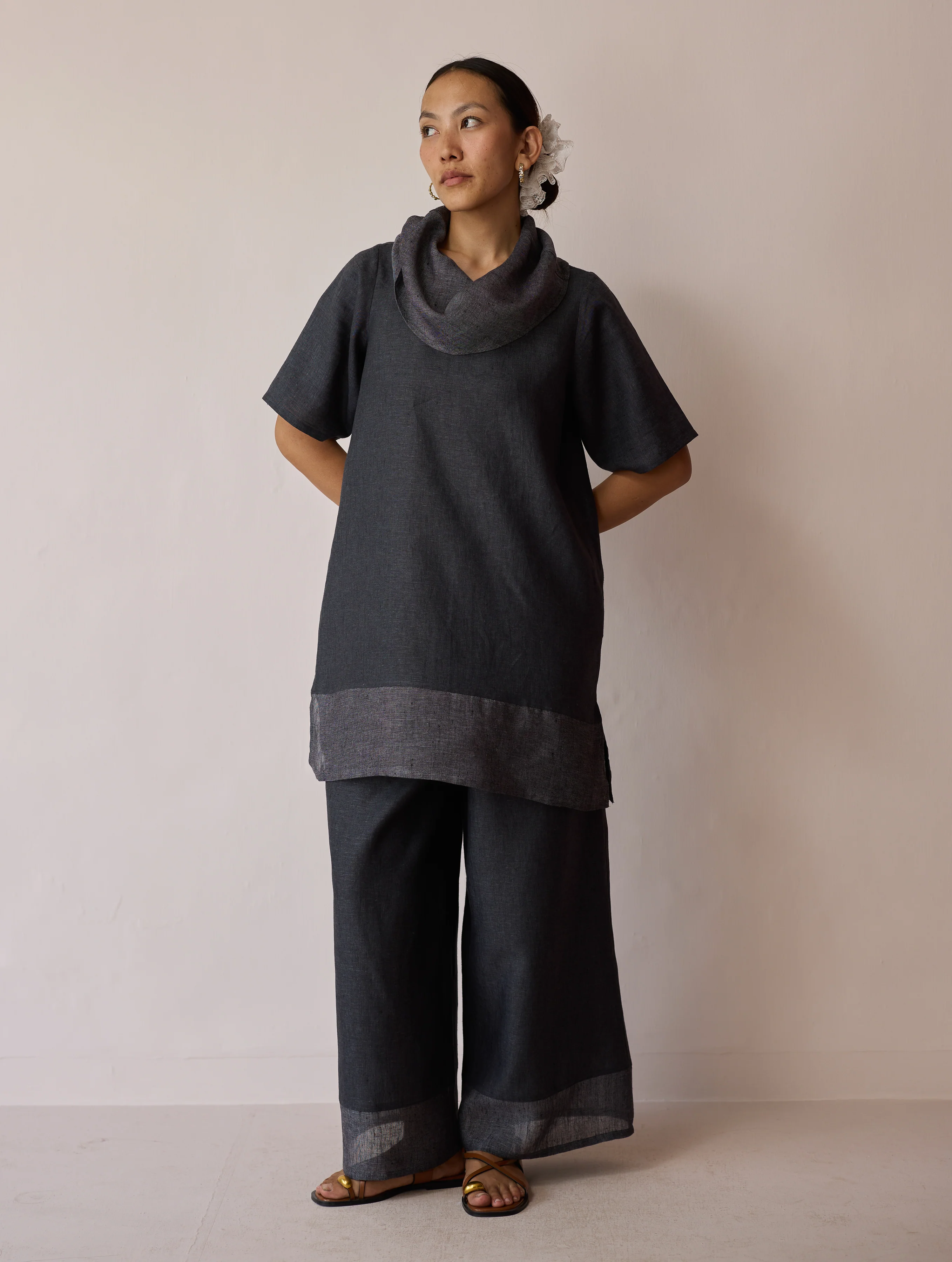 Kora Cowl-Neck Patchwork Linen Kurta - Charcoal - Image 12